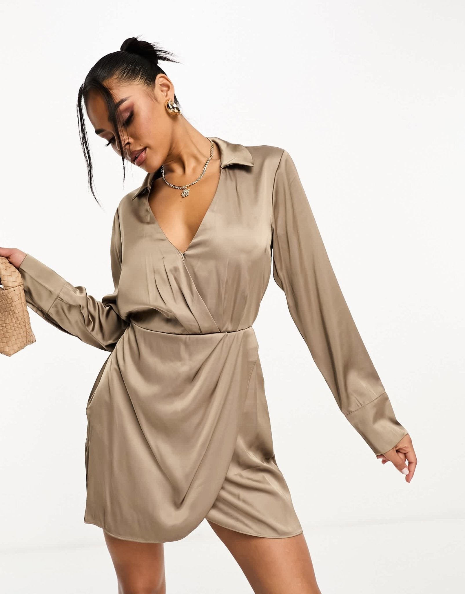 Abercrombie & Fitch draped satin shirt dress in mink - ASOS Sample Sale