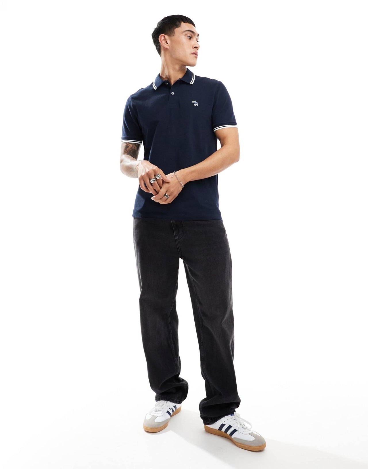 Abercrombie & Fitch elevated icon logo tipped pique polo in navy - ASOS Sample Sale