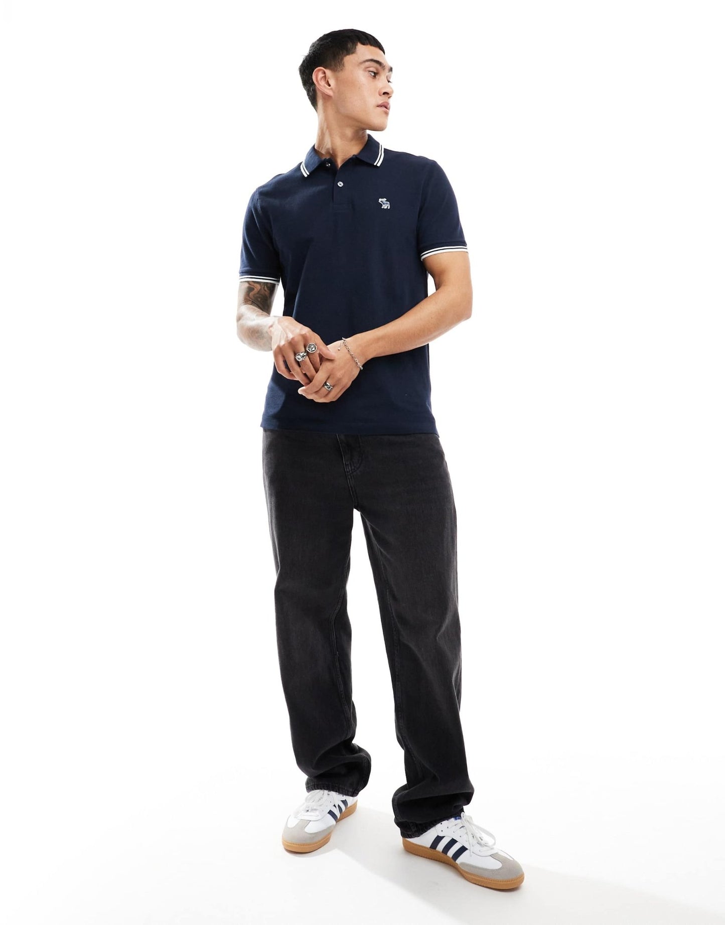 Abercrombie & Fitch elevated icon logo tipped pique polo in navy - ASOS Sample Sale