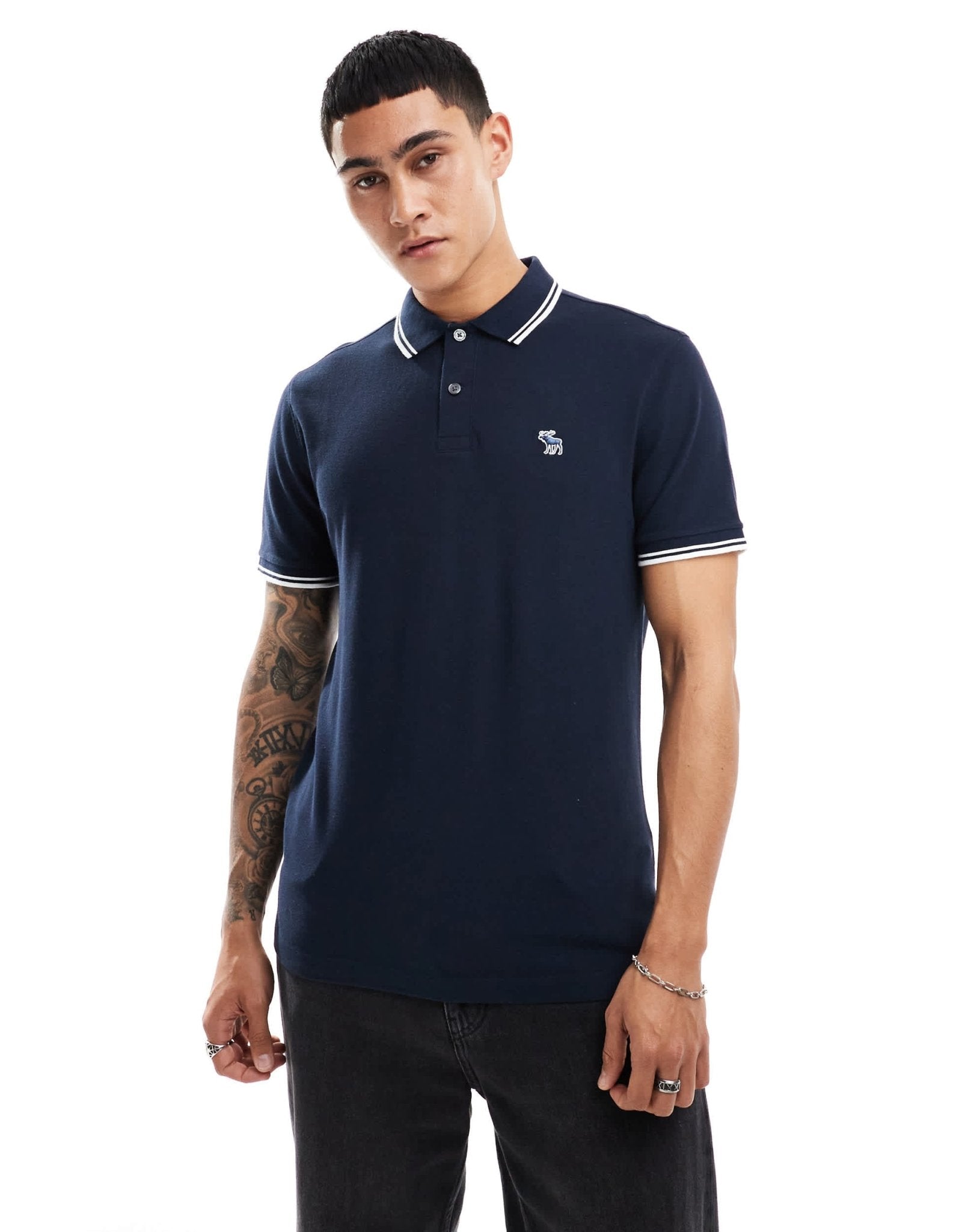 Abercrombie & Fitch elevated icon logo tipped pique polo in navy - ASOS Sample Sale