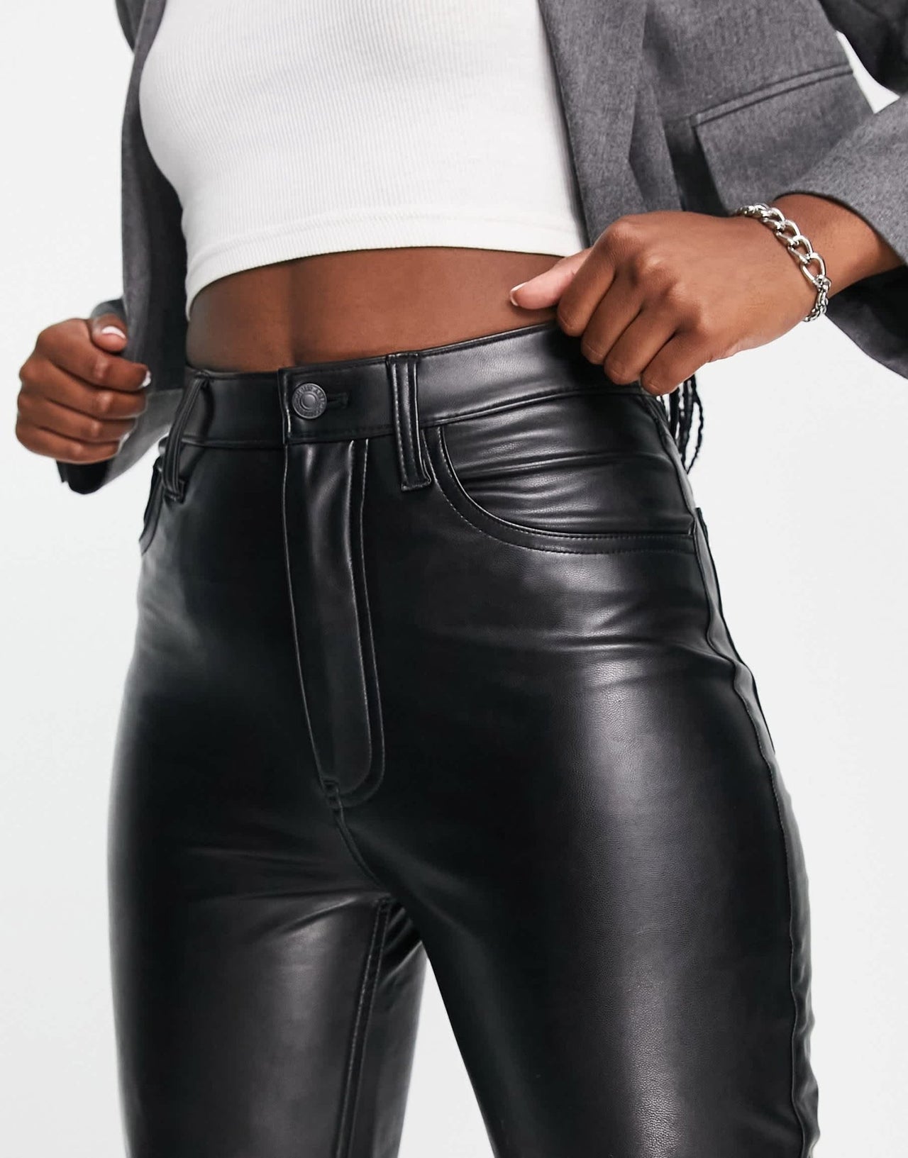 Abercrombie & Fitch faux leather straight leg trouser in black - ASOS Sample Sale