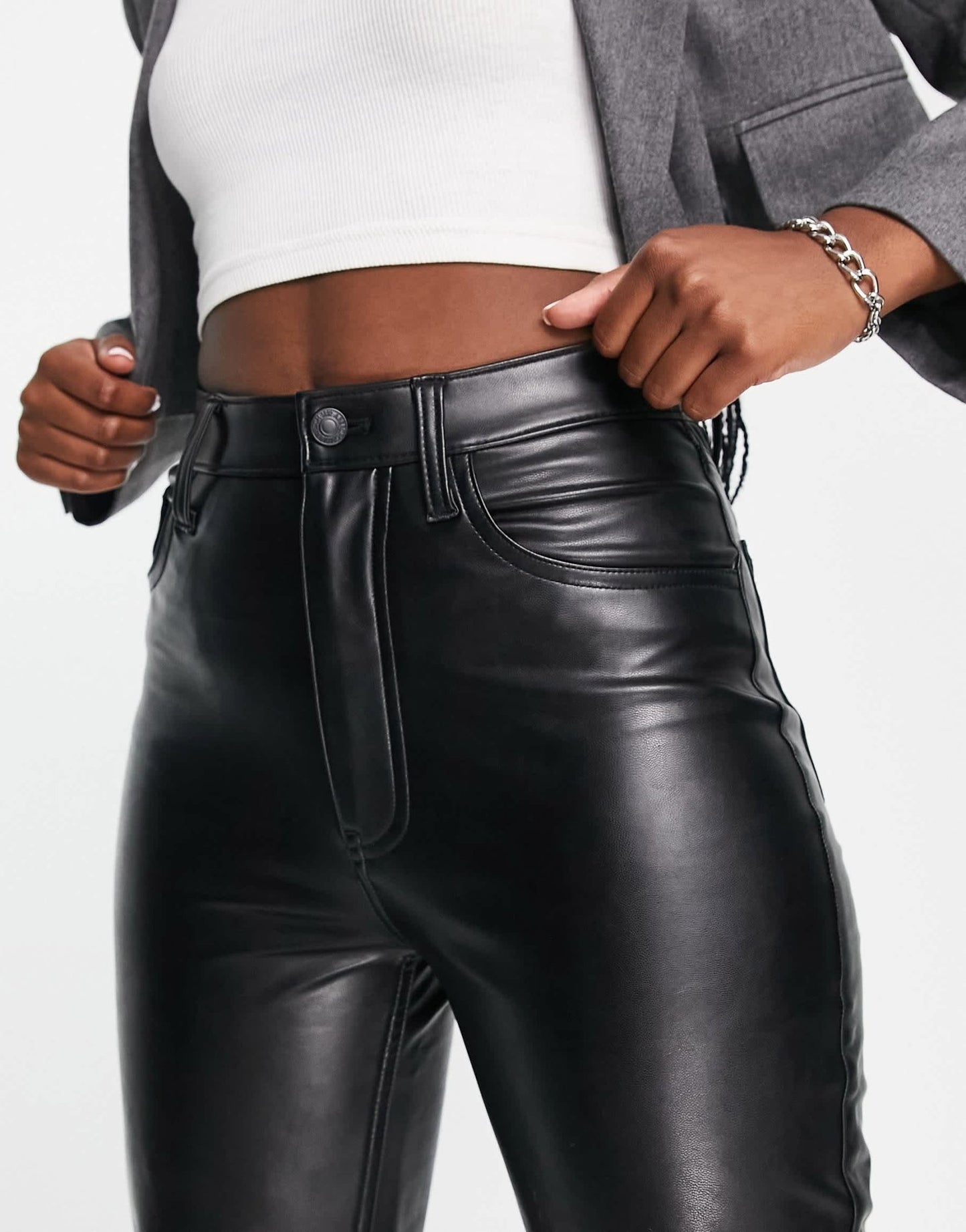 Abercrombie & Fitch faux leather straight leg trouser in black - ASOS Sample Sale
