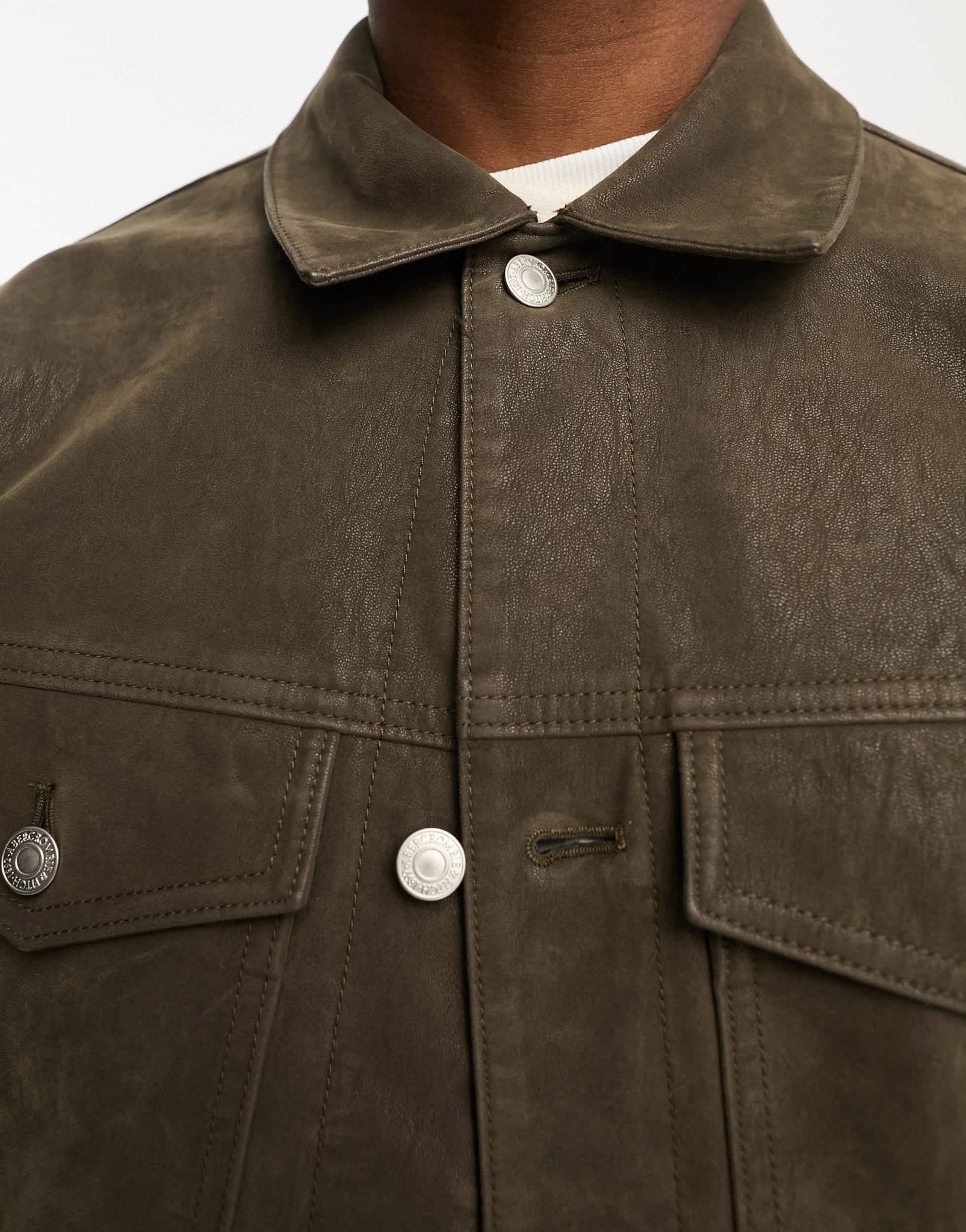Abercrombie & Fitch faux suede trucker jacket in olive green - ASOS Sample Sale