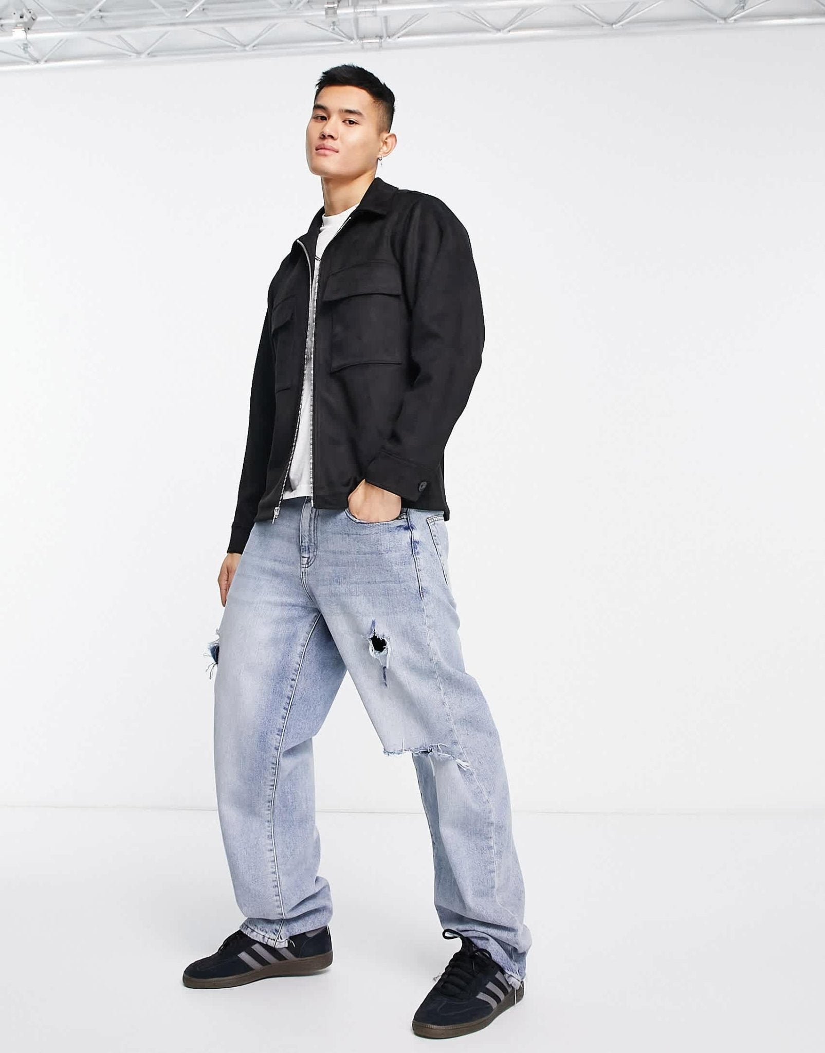 Abercrombie & Fitch faux suede zip front shirt jacket in black - ASOS Sample Sale