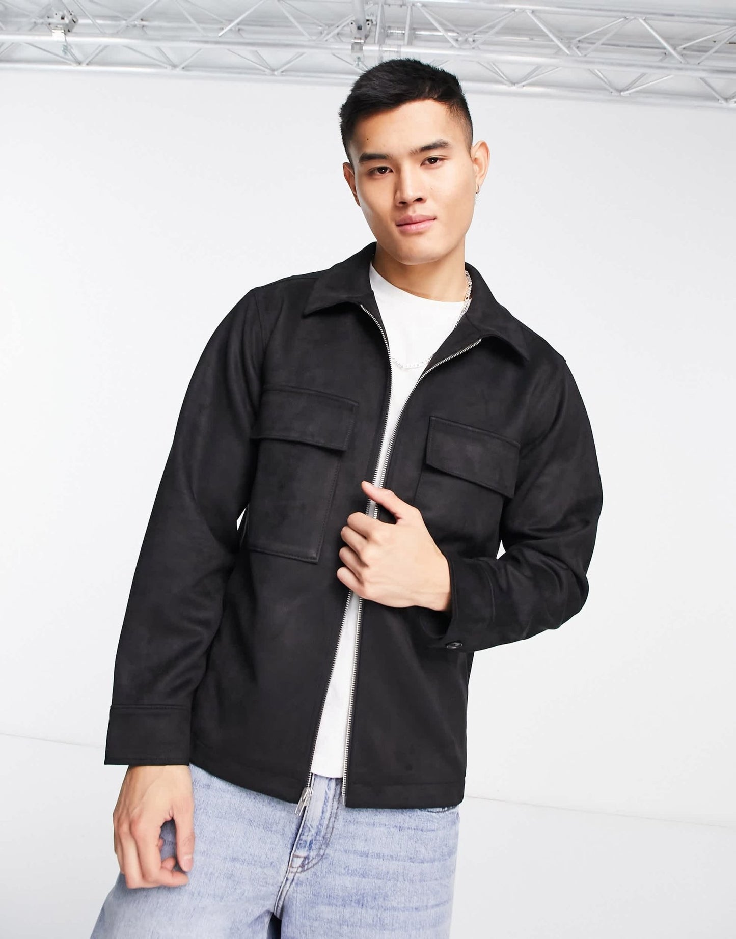 Abercrombie & Fitch faux suede zip front shirt jacket in black - ASOS Sample Sale