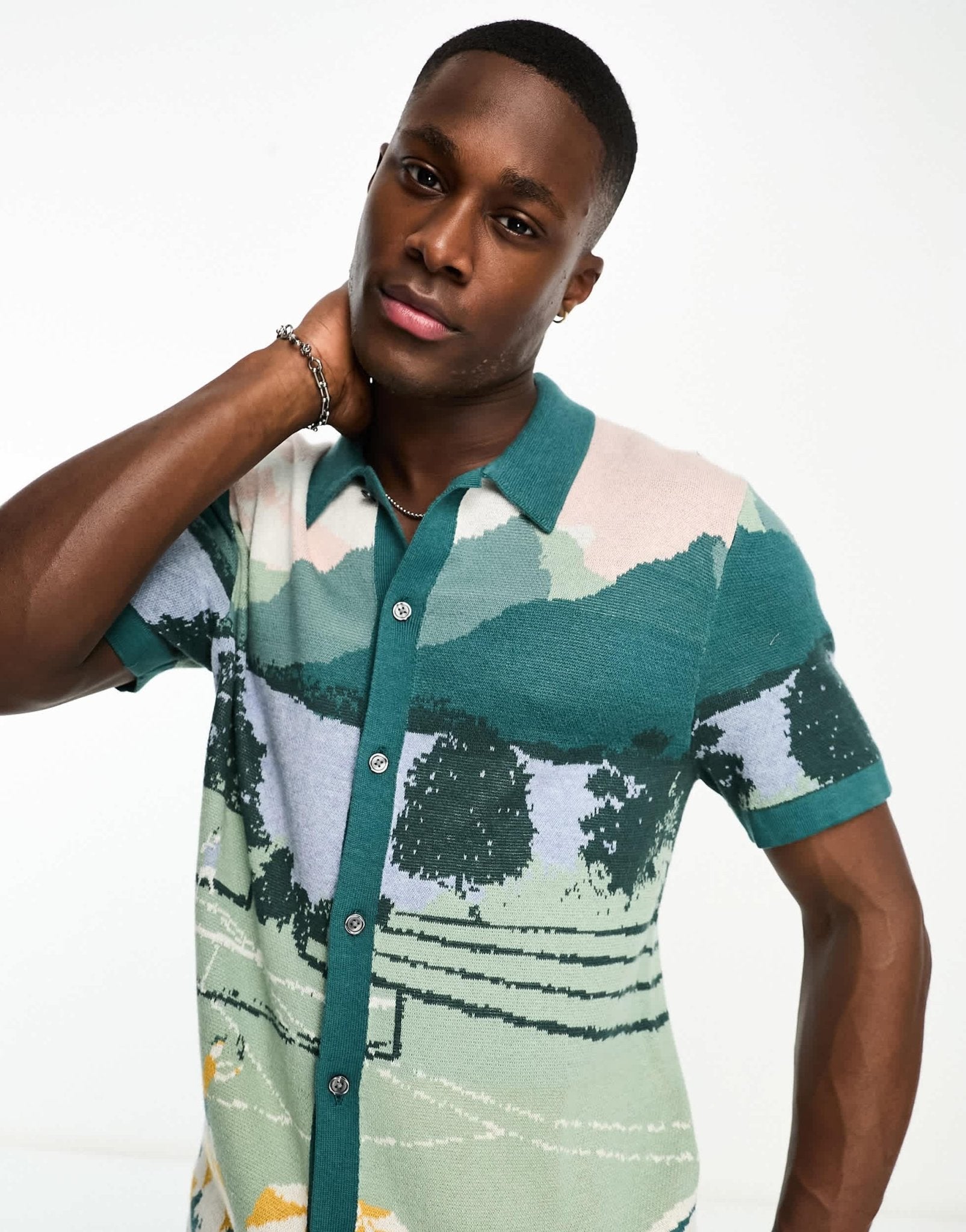 Abercrombie & Fitch getaway scenic print button through knit polo in green - ASOS Sample Sale