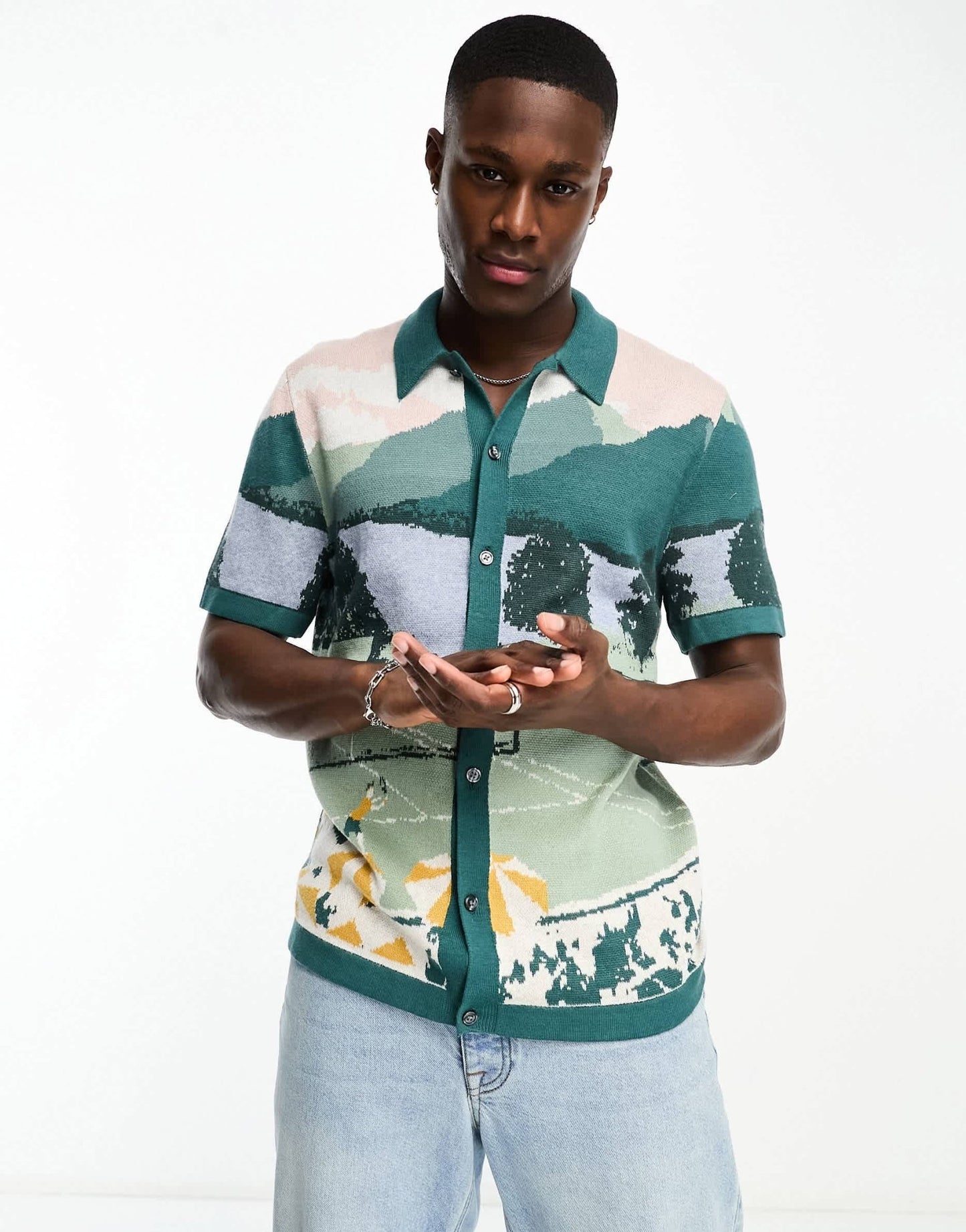 Abercrombie & Fitch getaway scenic print button through knit polo in green - ASOS Sample Sale