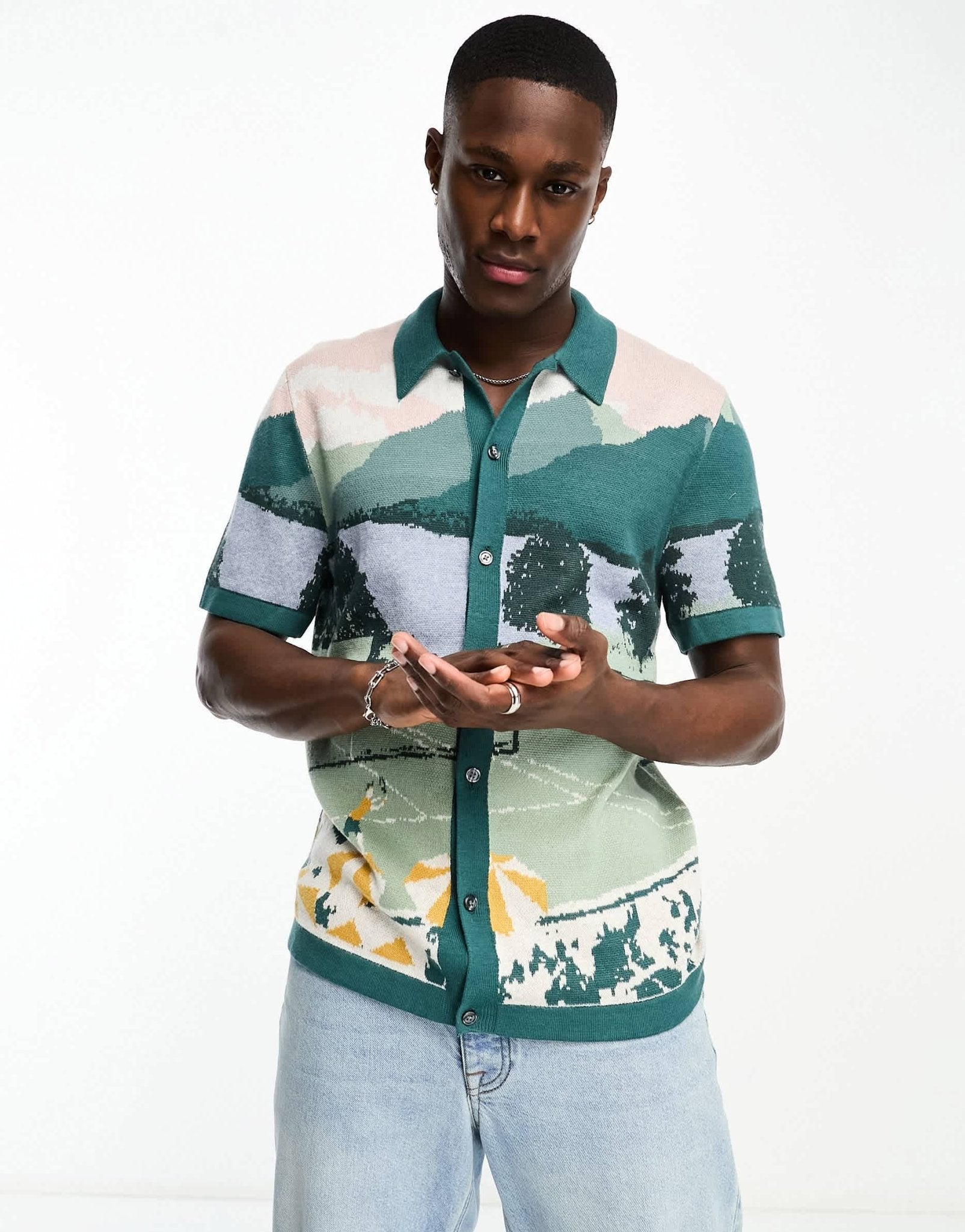 Abercrombie & Fitch getaway scenic print button through knit polo in green - ASOS Sample Sale