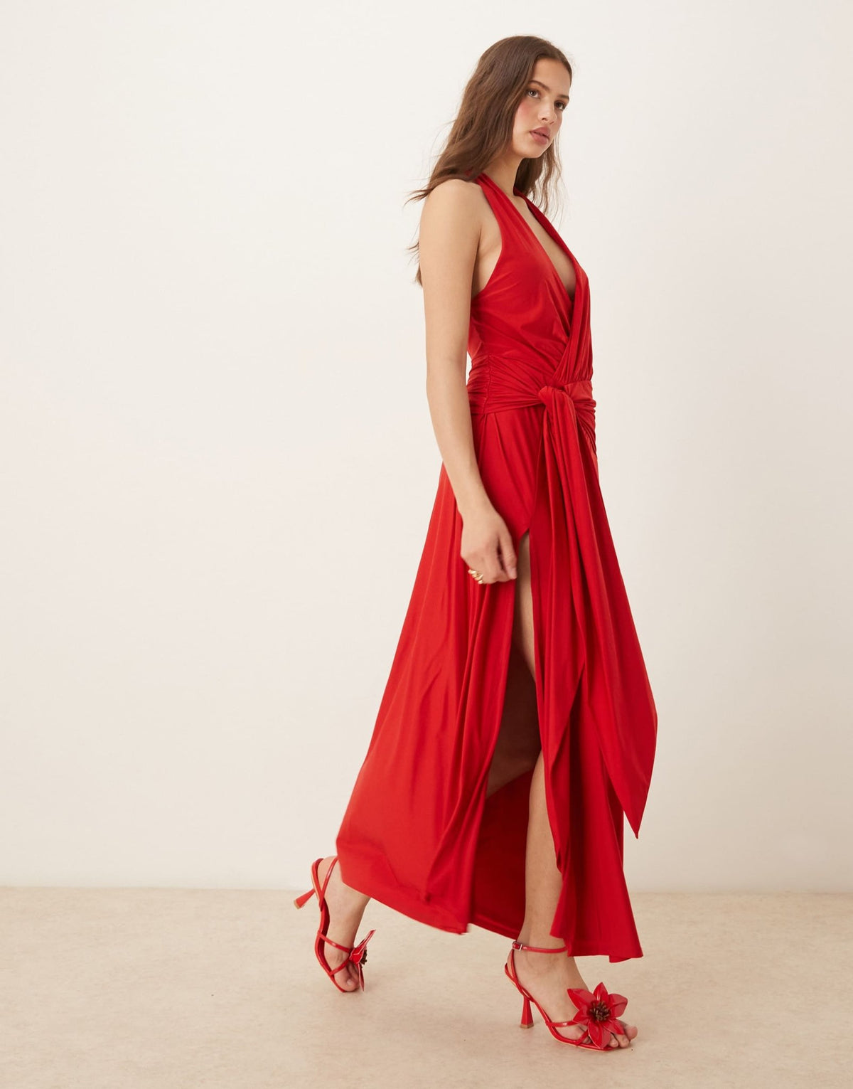 Abercrombie & Fitch halter neck elevated jersey knot front maxi dress in red - ASOS Sample Sale