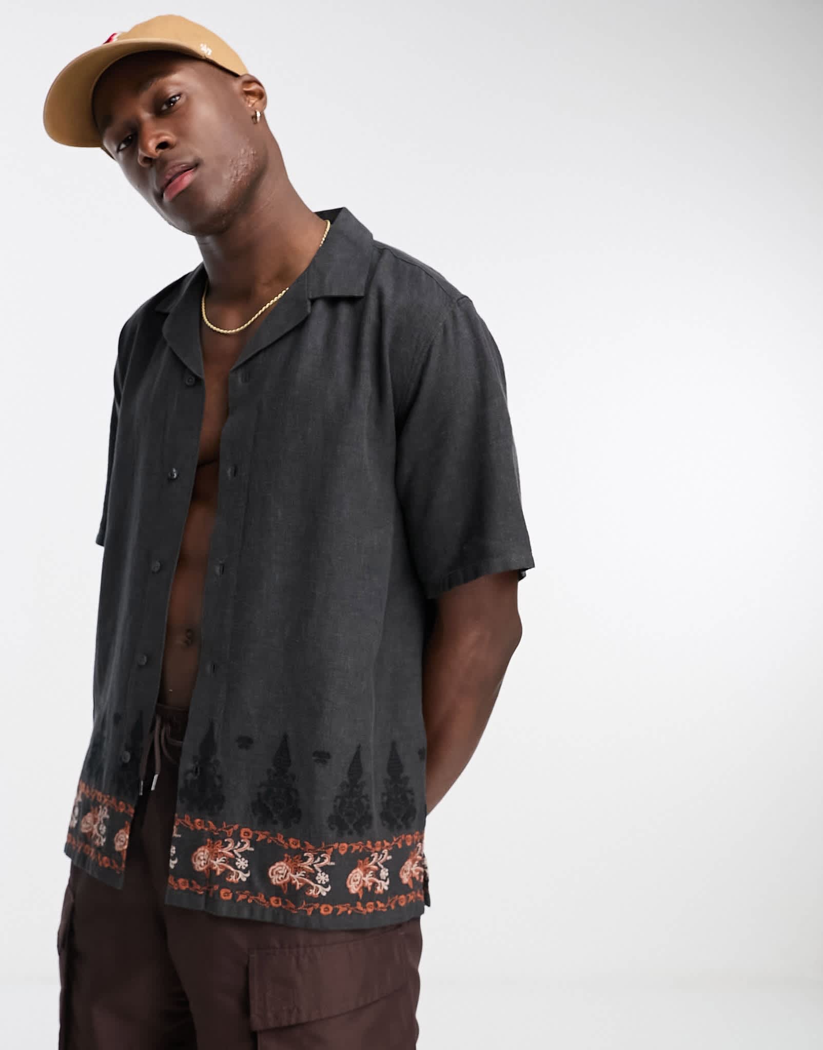 Abercrombie & Fitch handcrafted embroidered short sleeve shirt in black embroidery - ASOS Sample Sale