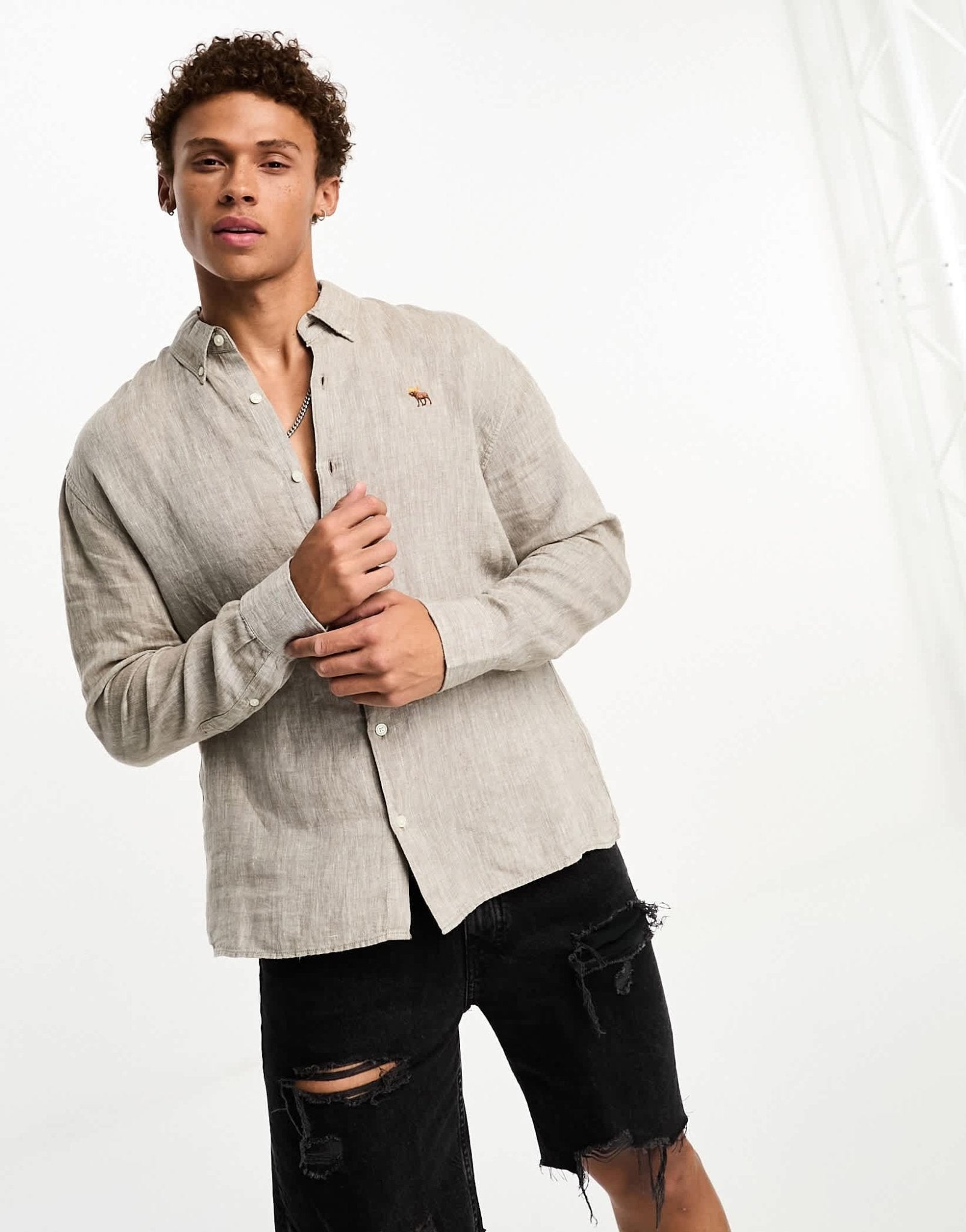 Abercrombie & Fitch icon logo linen shirt in beige - ASOS Sample Sale