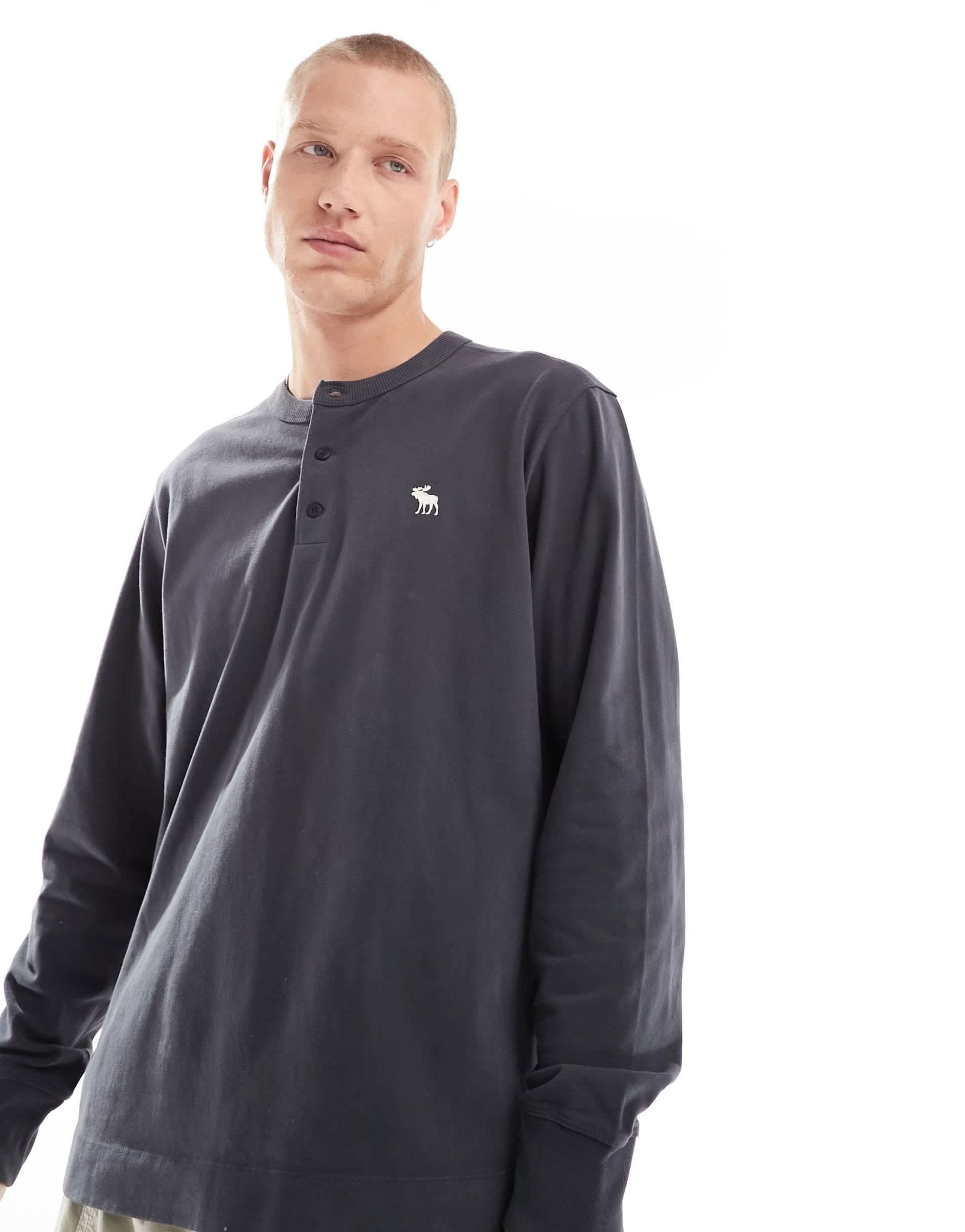 Abercrombie & Fitch icon logo premium henley long sleeve in washed black - ASOS Sample Sale