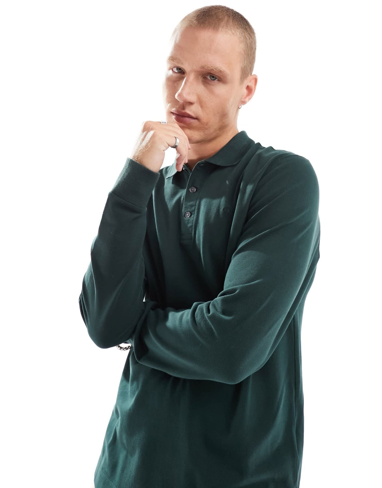 Abercrombie & Fitch icon logo tipped long sleeve pique polo in dark green - ASOS Sample Sale