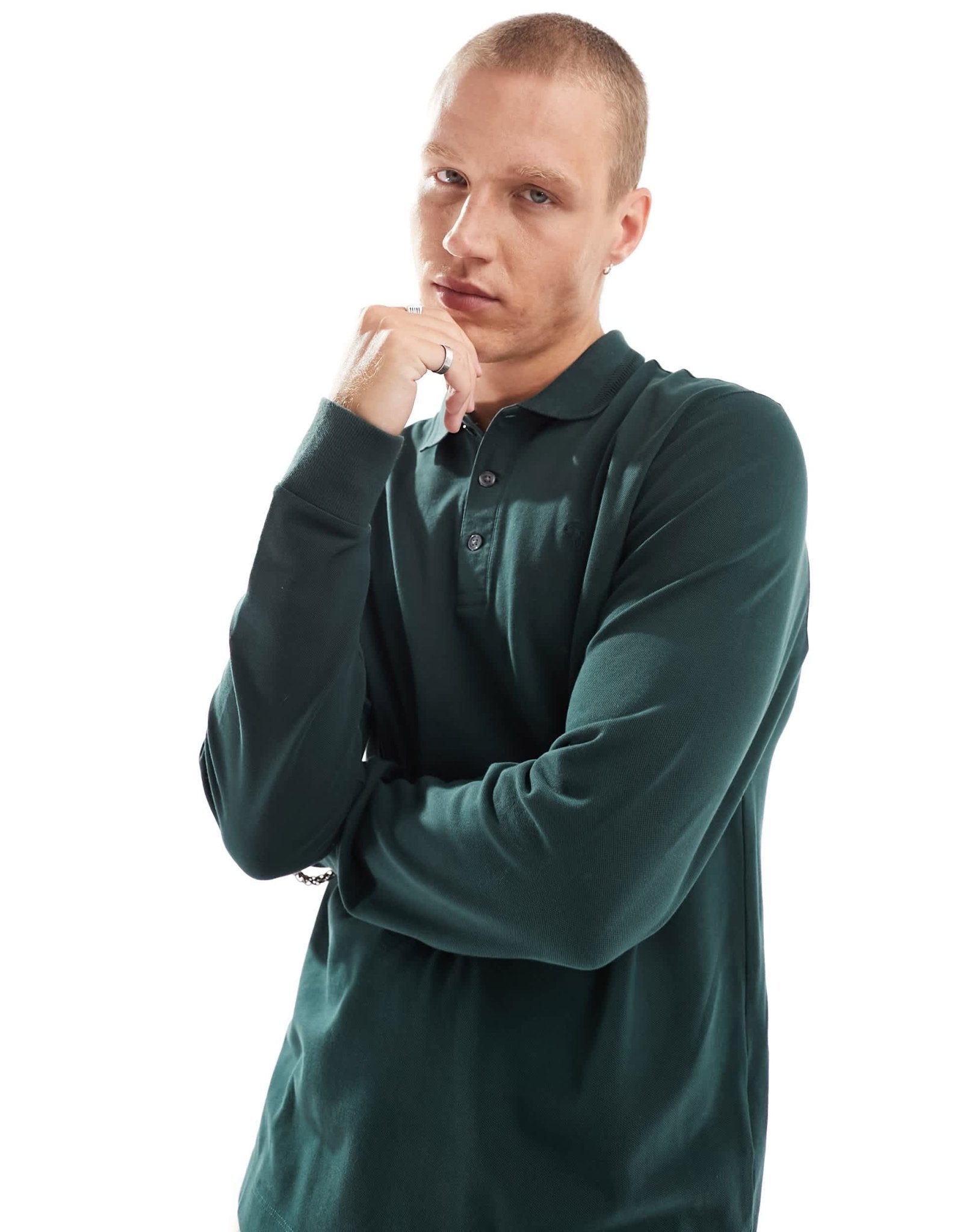 Abercrombie & Fitch icon logo tipped long sleeve pique polo in dark green - ASOS Sample Sale