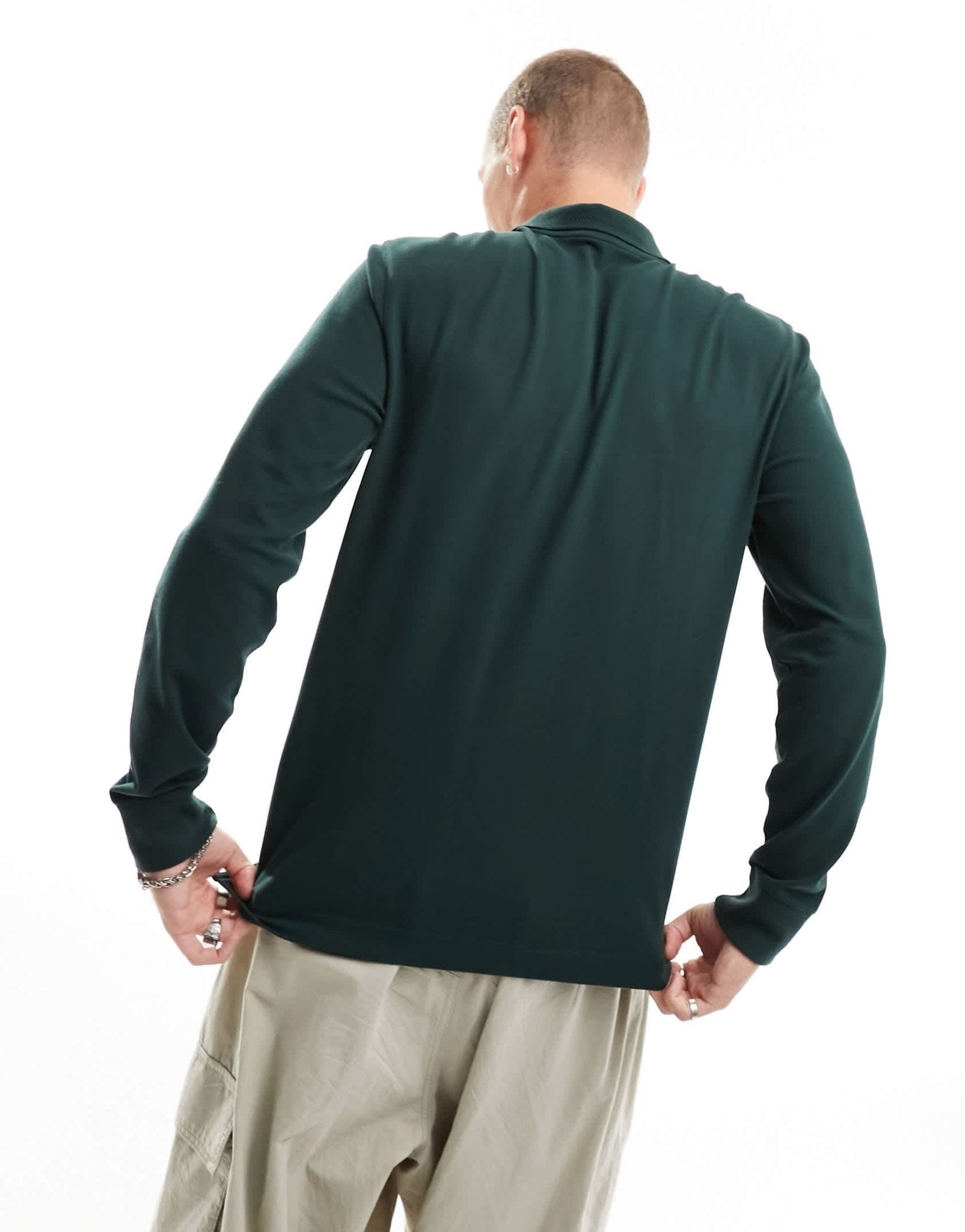 Abercrombie & Fitch icon logo tipped long sleeve pique polo in dark green - ASOS Sample Sale