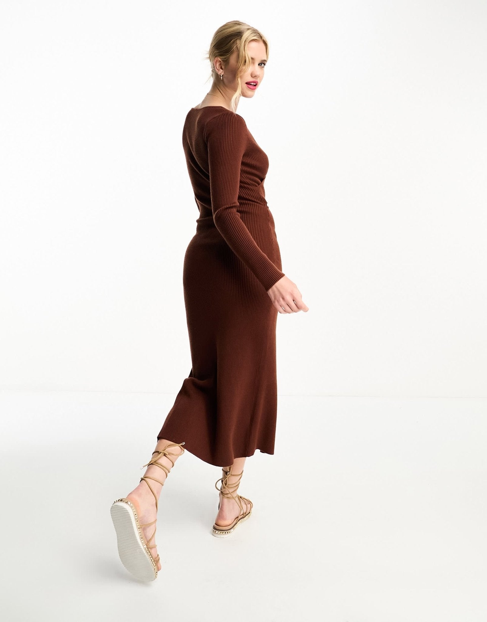 Abercrombie & Fitch knitted long sleeve midi wrap dress in brown - ASOS Sample Sale