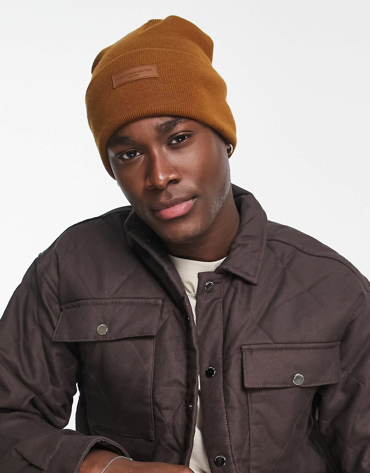 Abercrombie & Fitch logo patch tall knit beanie in brown - ASOS Sample Sale