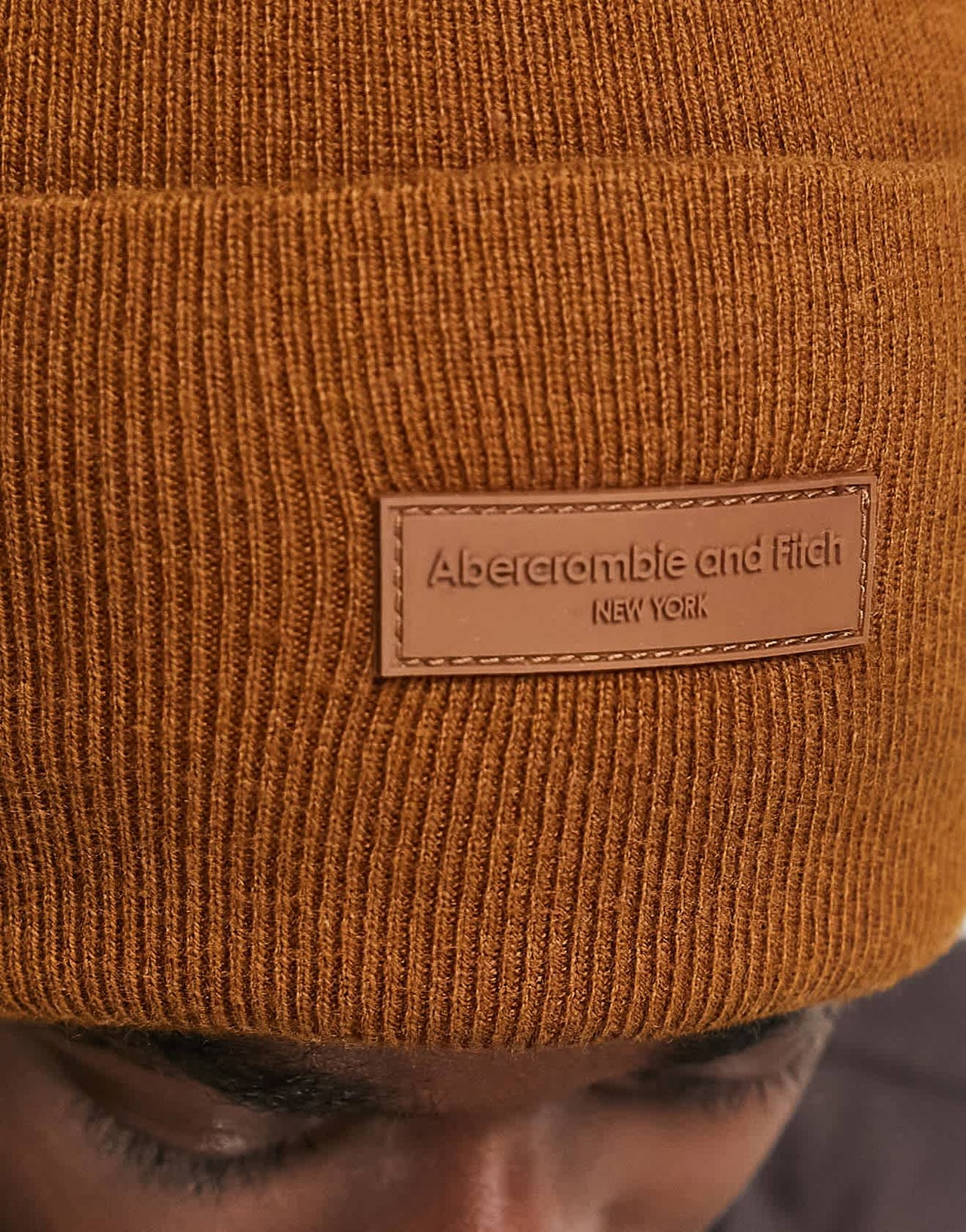 Abercrombie & Fitch logo patch tall knit beanie in brown - ASOS Sample Sale