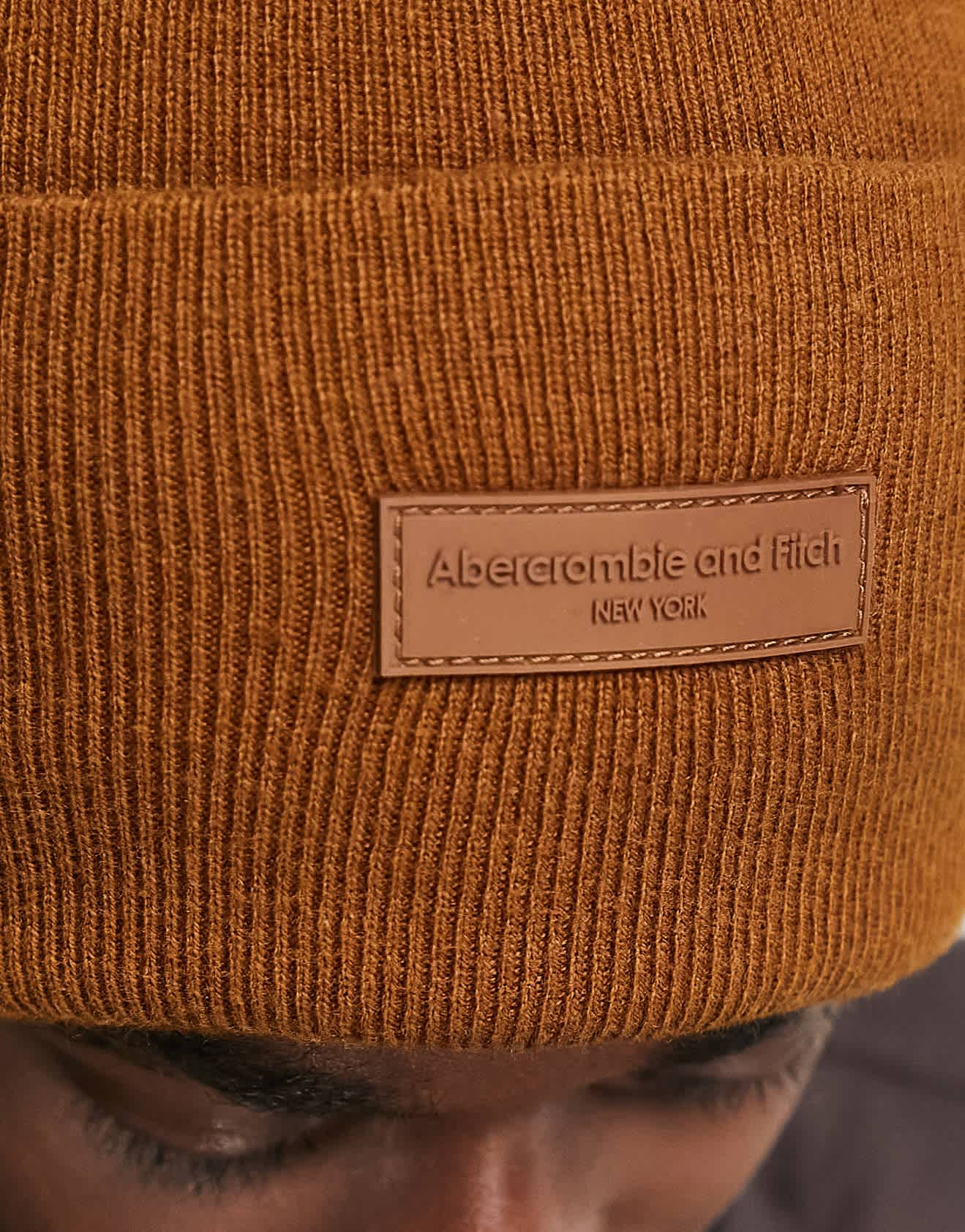 Abercrombie & Fitch logo patch tall knit beanie in brown - ASOS Sample Sale