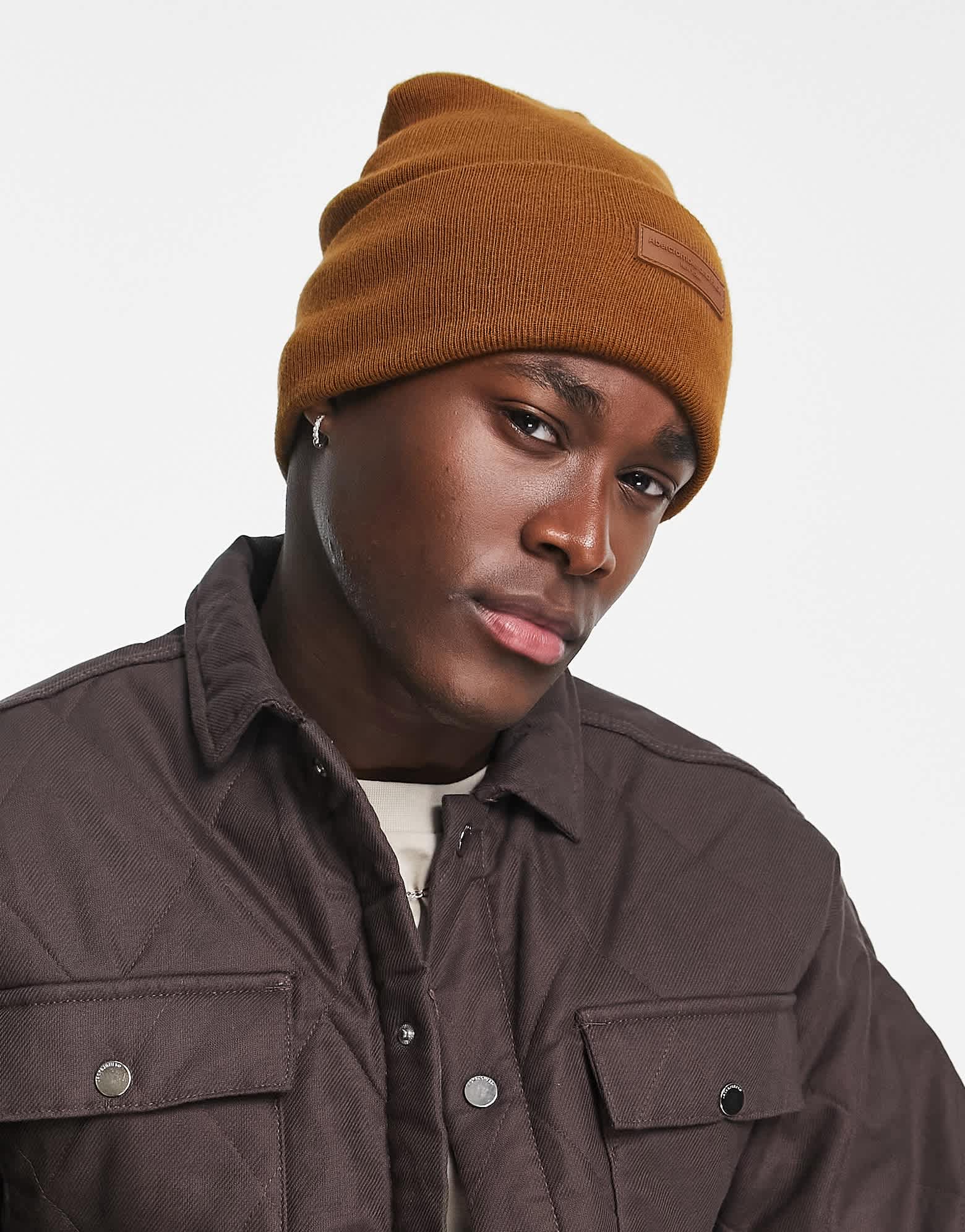 Abercrombie & Fitch logo patch tall knit beanie in brown - ASOS Sample Sale
