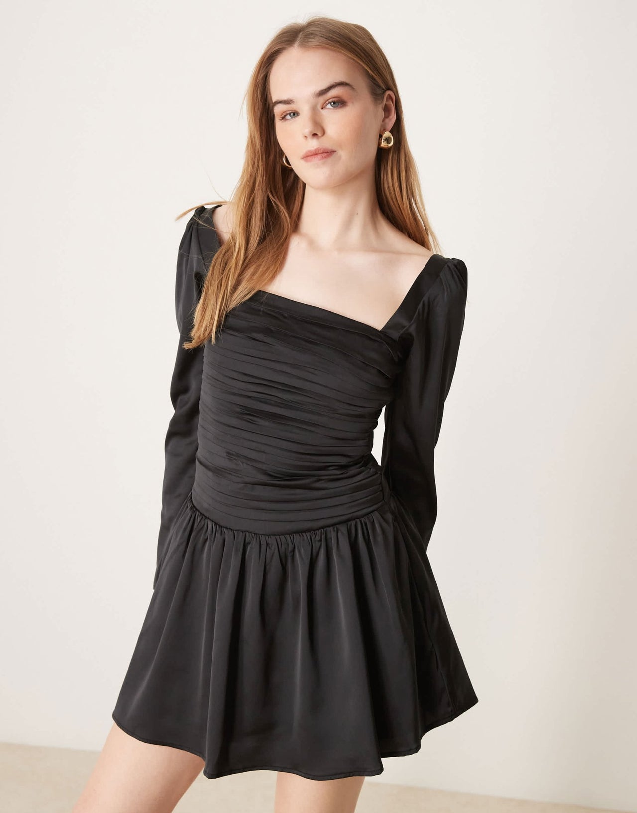 Abercrombie & Fitch long sleeve drop waist mini satin party dress in black - ASOS Sample Sale