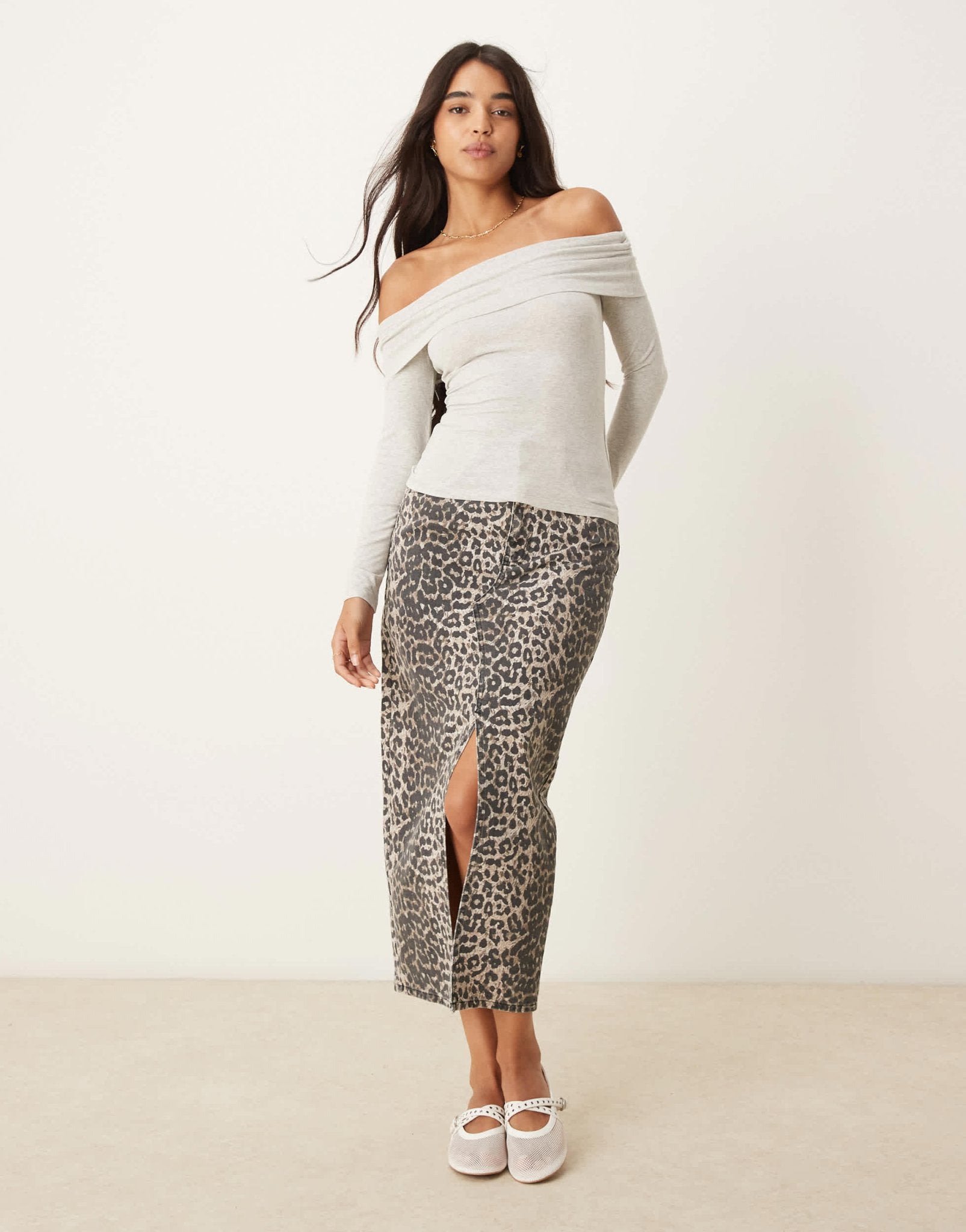 Abercrombie & Fitch long sleeve off the shoulder foldover top in grey - ASOS Sample Sale