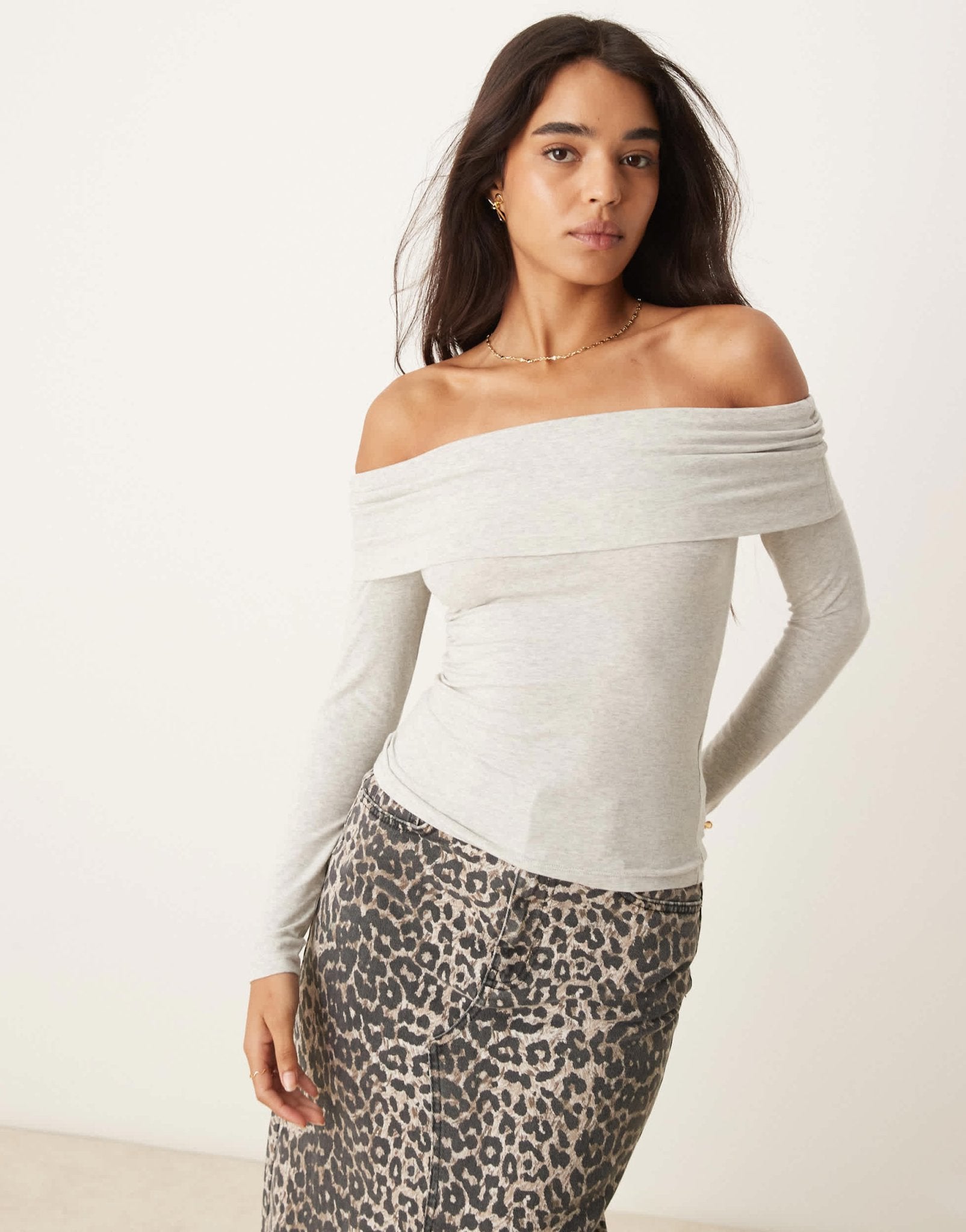 Abercrombie & Fitch long sleeve off the shoulder foldover top in grey - ASOS Sample Sale