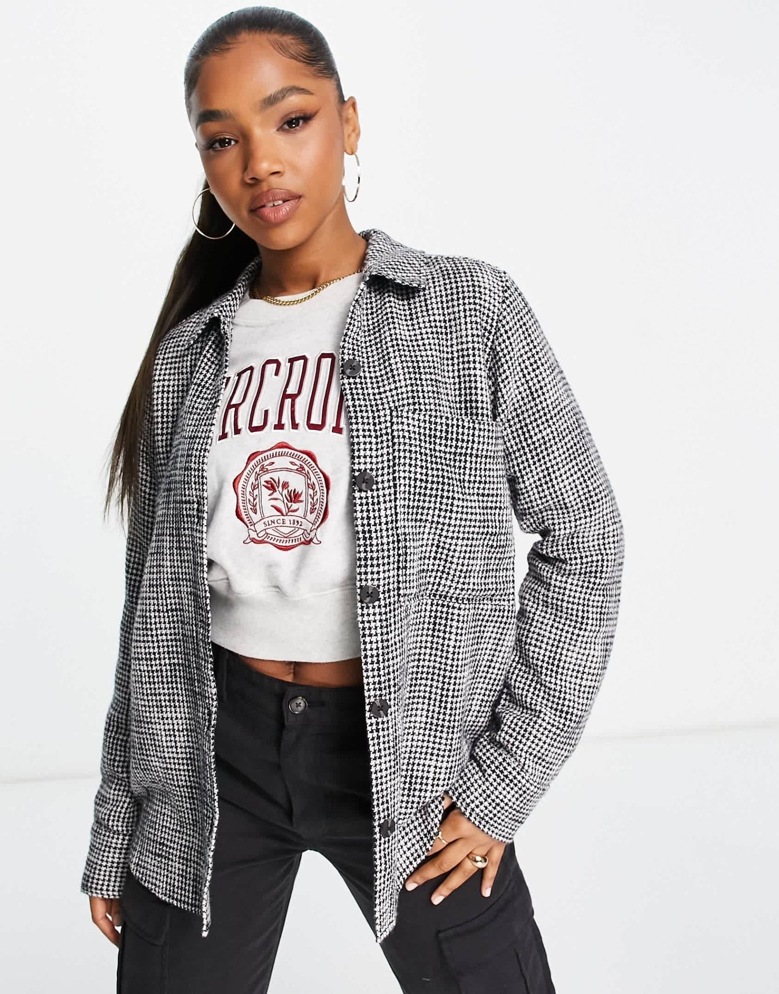 Abercrombie & Fitch long sleeve oversized tweed shirt in grey - ASOS Sample Sale