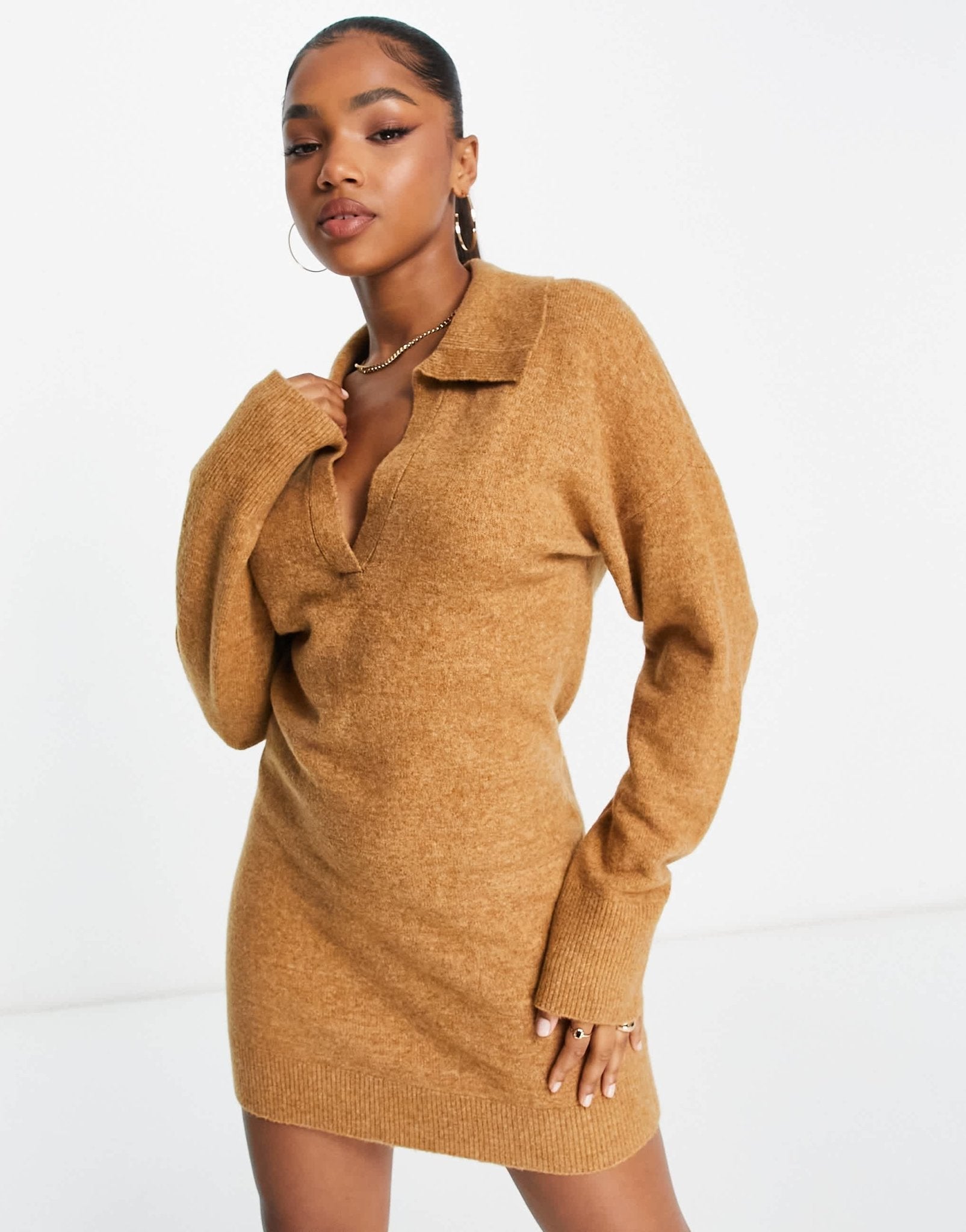 Abercrombie & Fitch long sleeve polo neck mini sweater dress in brown - ASOS Sample Sale
