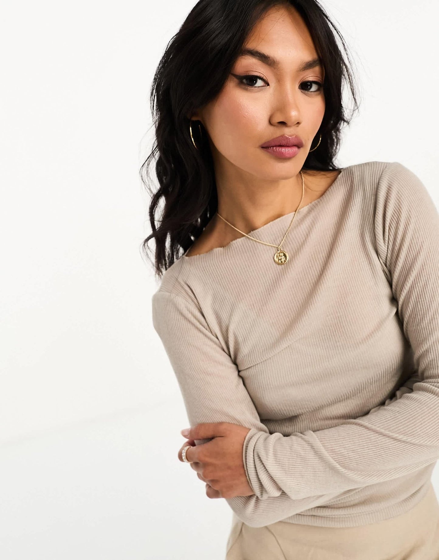 Abercrombie & Fitch long sleeve semi sheer top in beige - ASOS Sample Sale