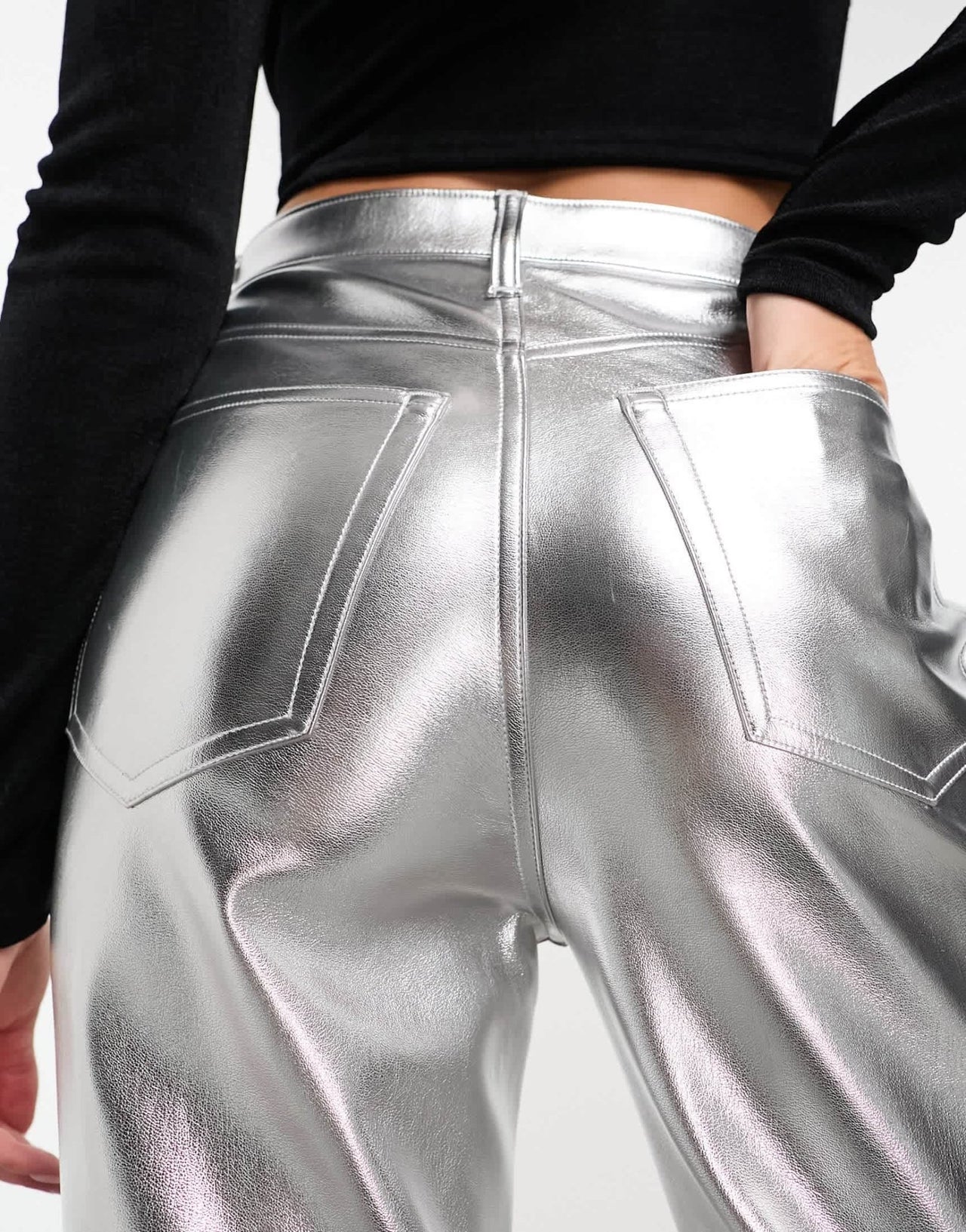 Abercrombie & Fitch metallic 90s straight faux leather trouser in silver - ASOS Sample Sale