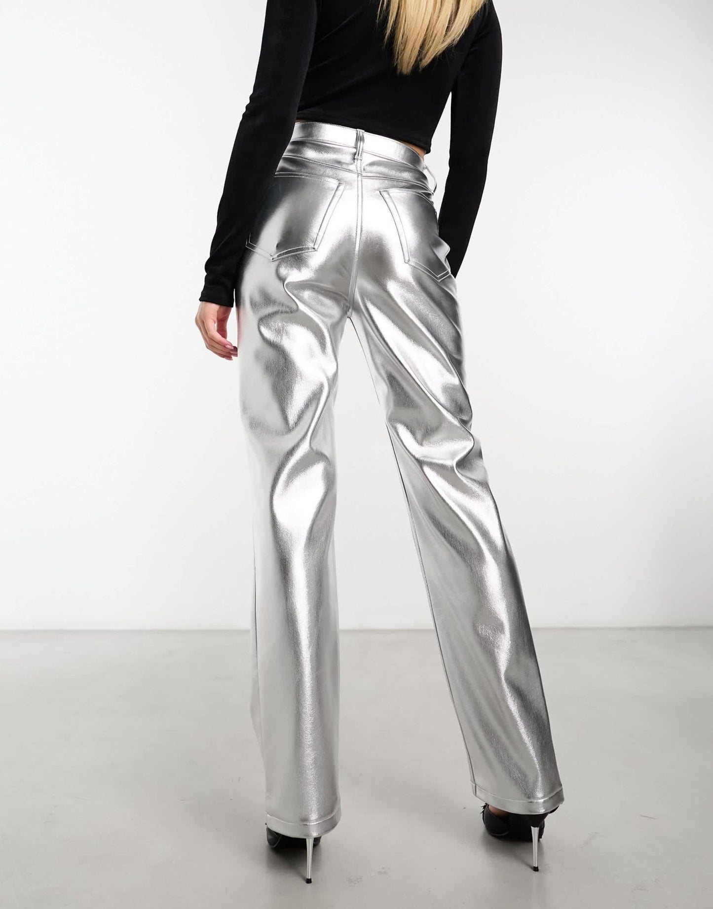 Abercrombie & Fitch metallic 90s straight faux leather trouser in silver - ASOS Sample Sale