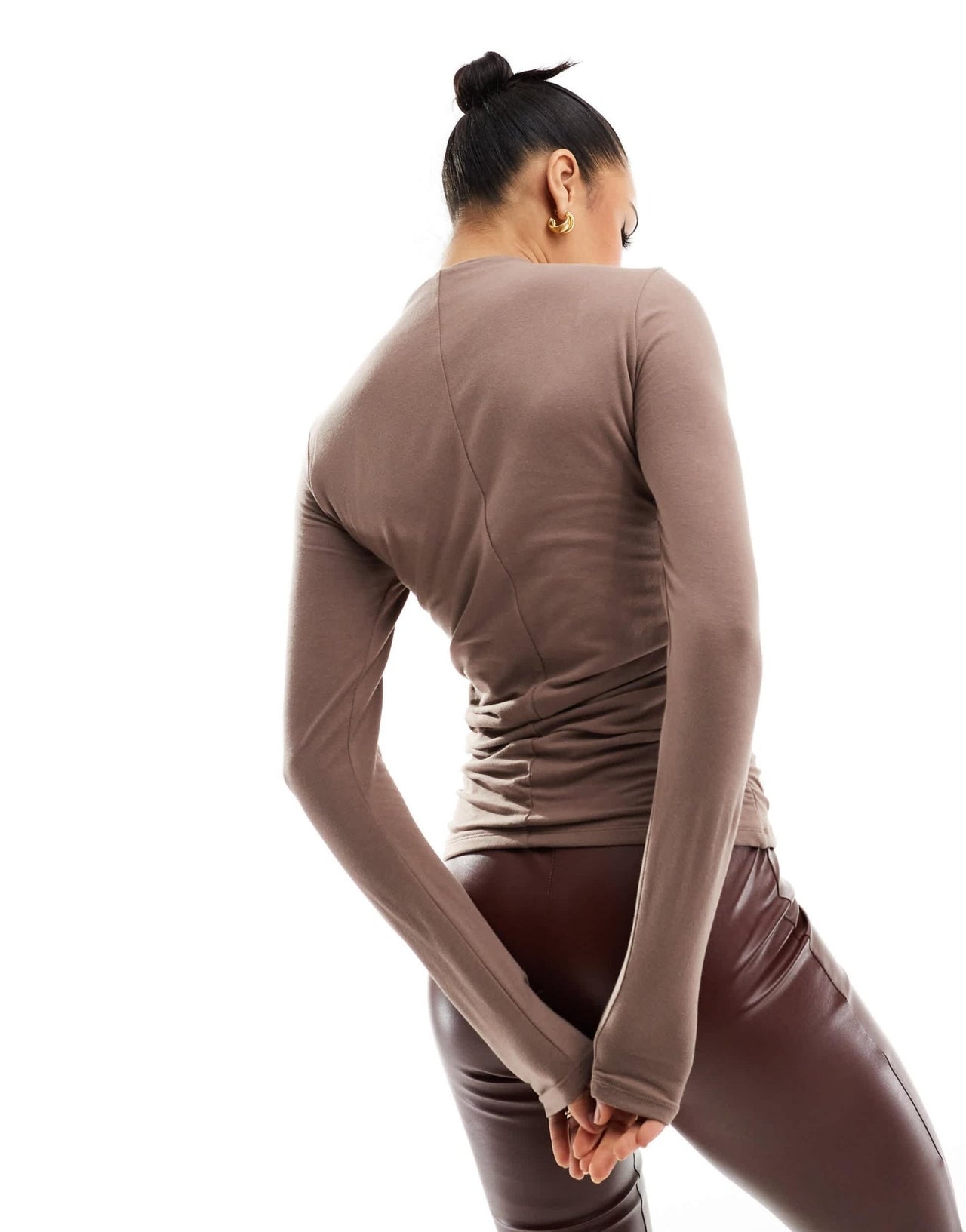 Abercrombie & Fitch mock neck long sleeve top in brown with side ruching - ASOS Sample Sale