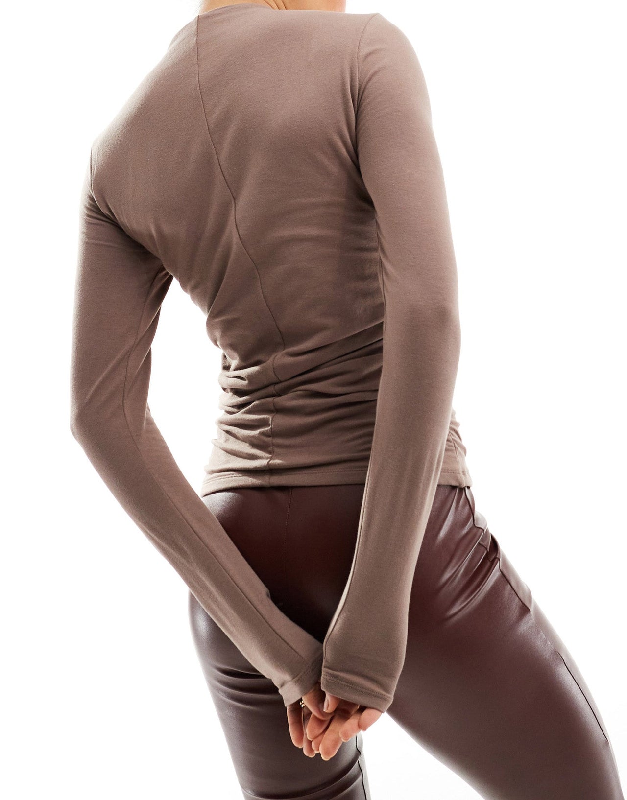 Abercrombie & Fitch mock neck long sleeve top in brown with side ruching - ASOS Sample Sale