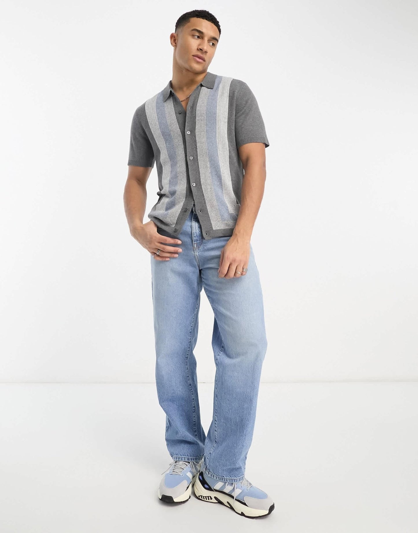 Abercrombie & Fitch modern classic pattern border buttonthrough knit polo in grey - ASOS Sample Sale
