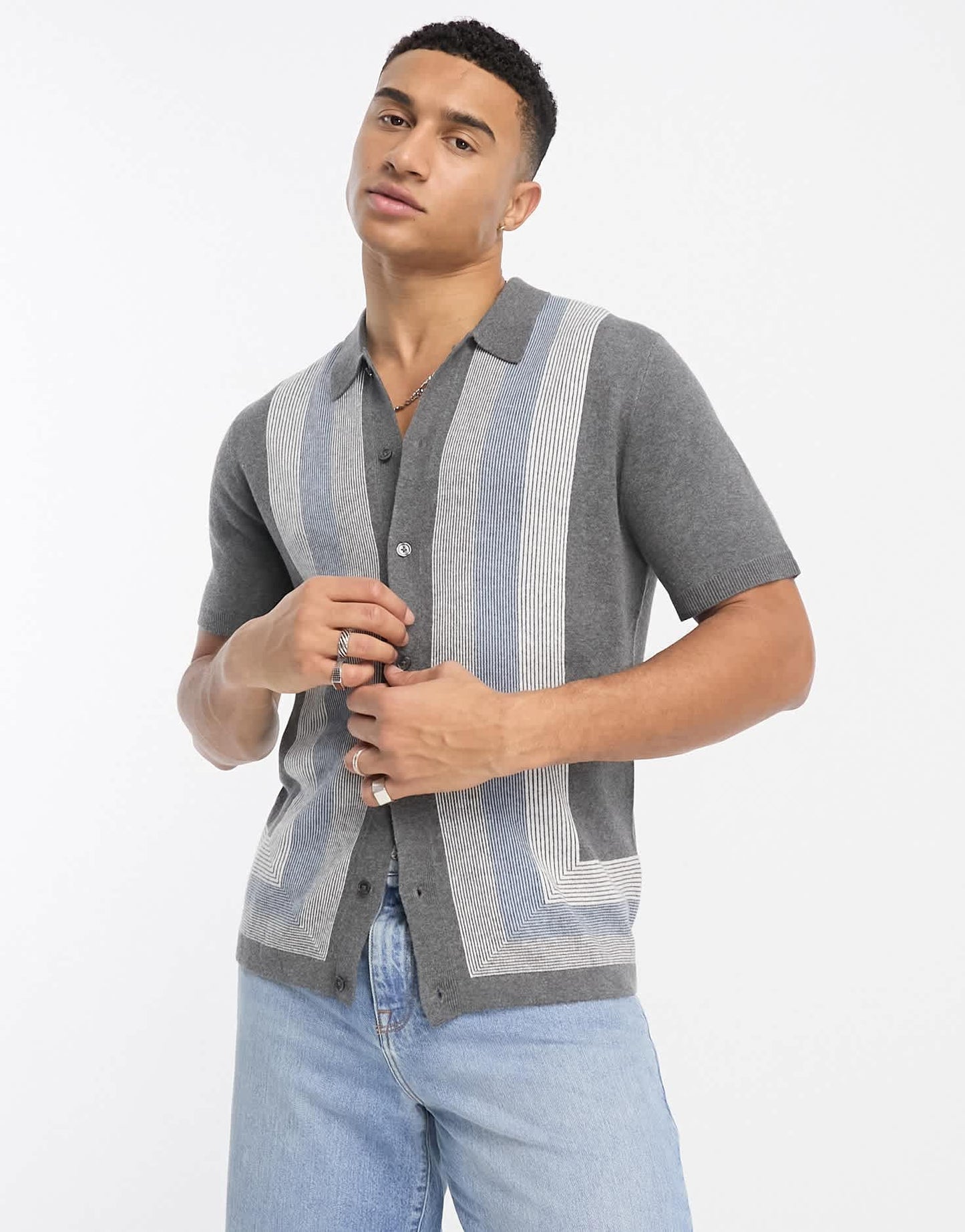 Abercrombie & Fitch modern classic pattern border buttonthrough knit polo in grey - ASOS Sample Sale