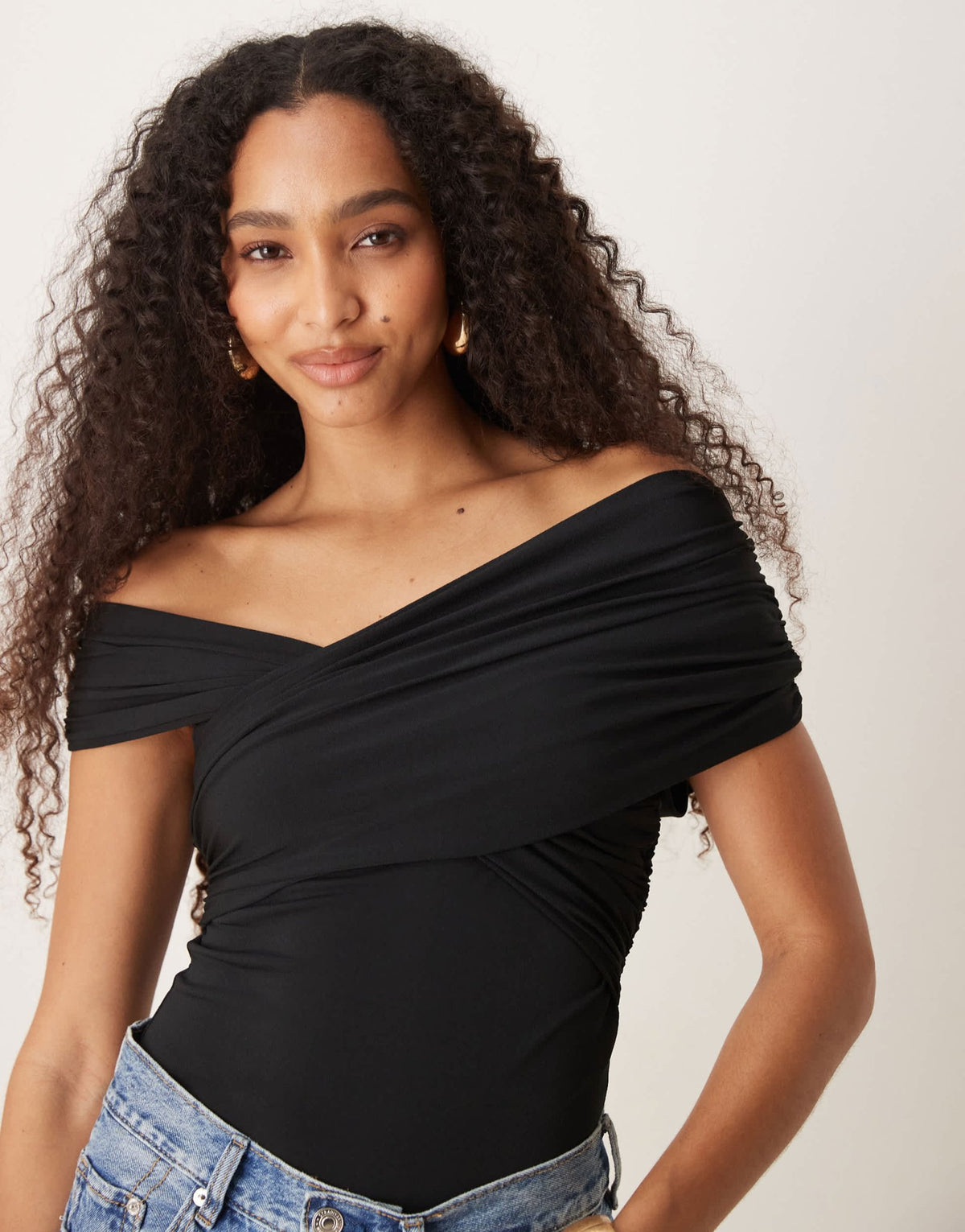 Abercrombie & Fitch off shoulder asymetric wrap bodysuit in black - ASOS Sample Sale