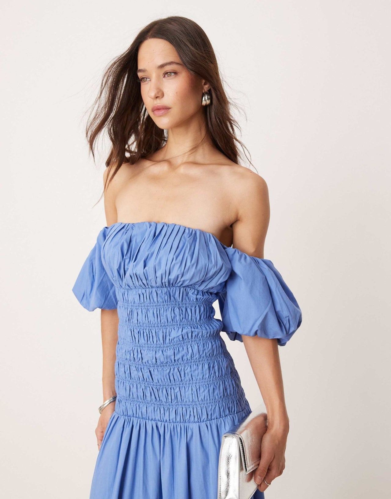 Abercrombie & Fitch off the shoulder smocked low waist maxi dress in blue tile print - ASOS Sample Sale