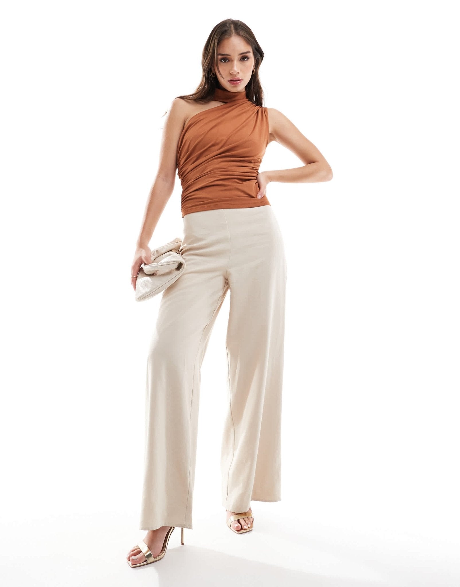 Abercrombie & Fitch one shoulder mock neck draped top in deep tan - ASOS Sample Sale