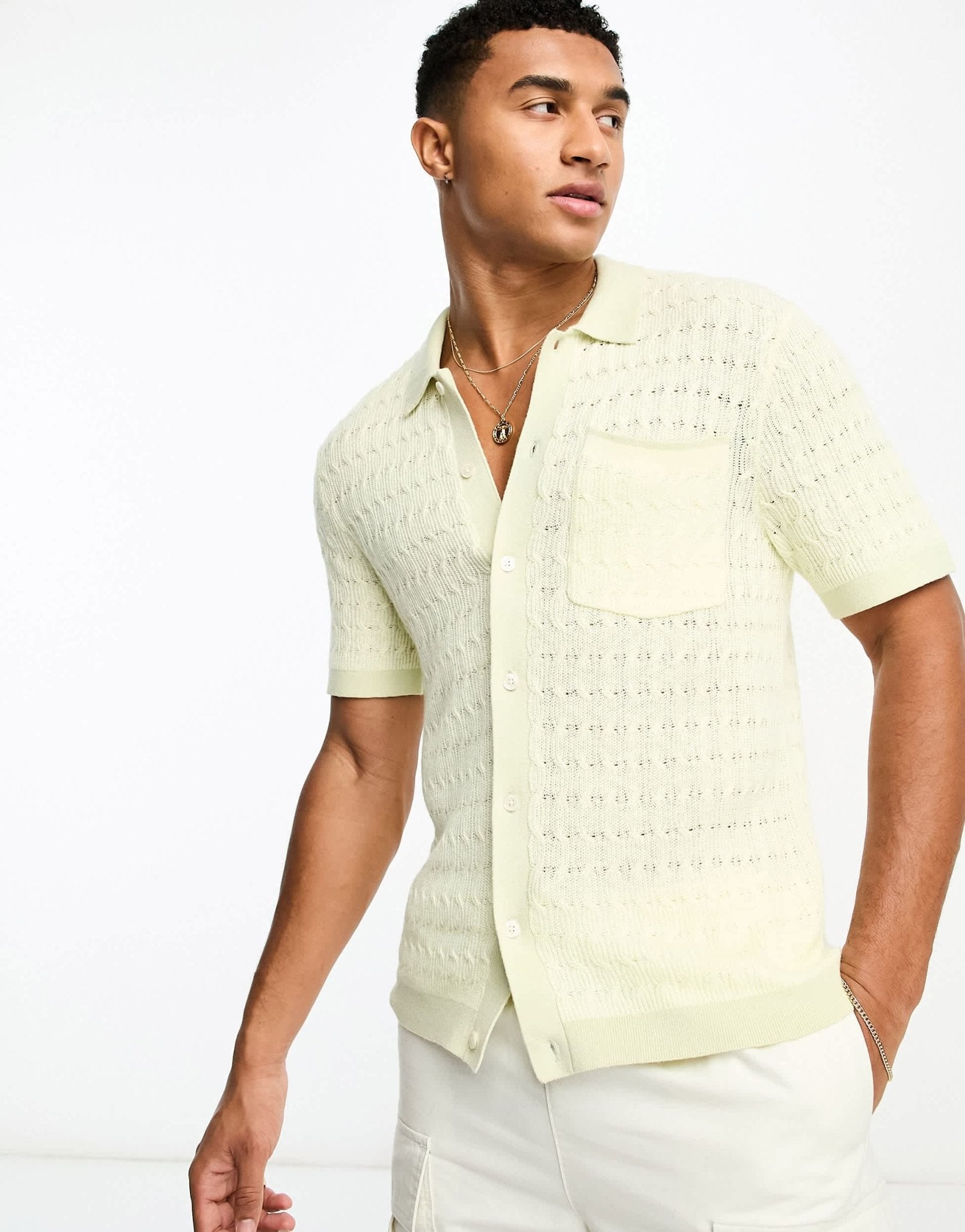 Abercrombie & Fitch open knit polo shirt with tipping in yellow/green - ASOS Sample Sale