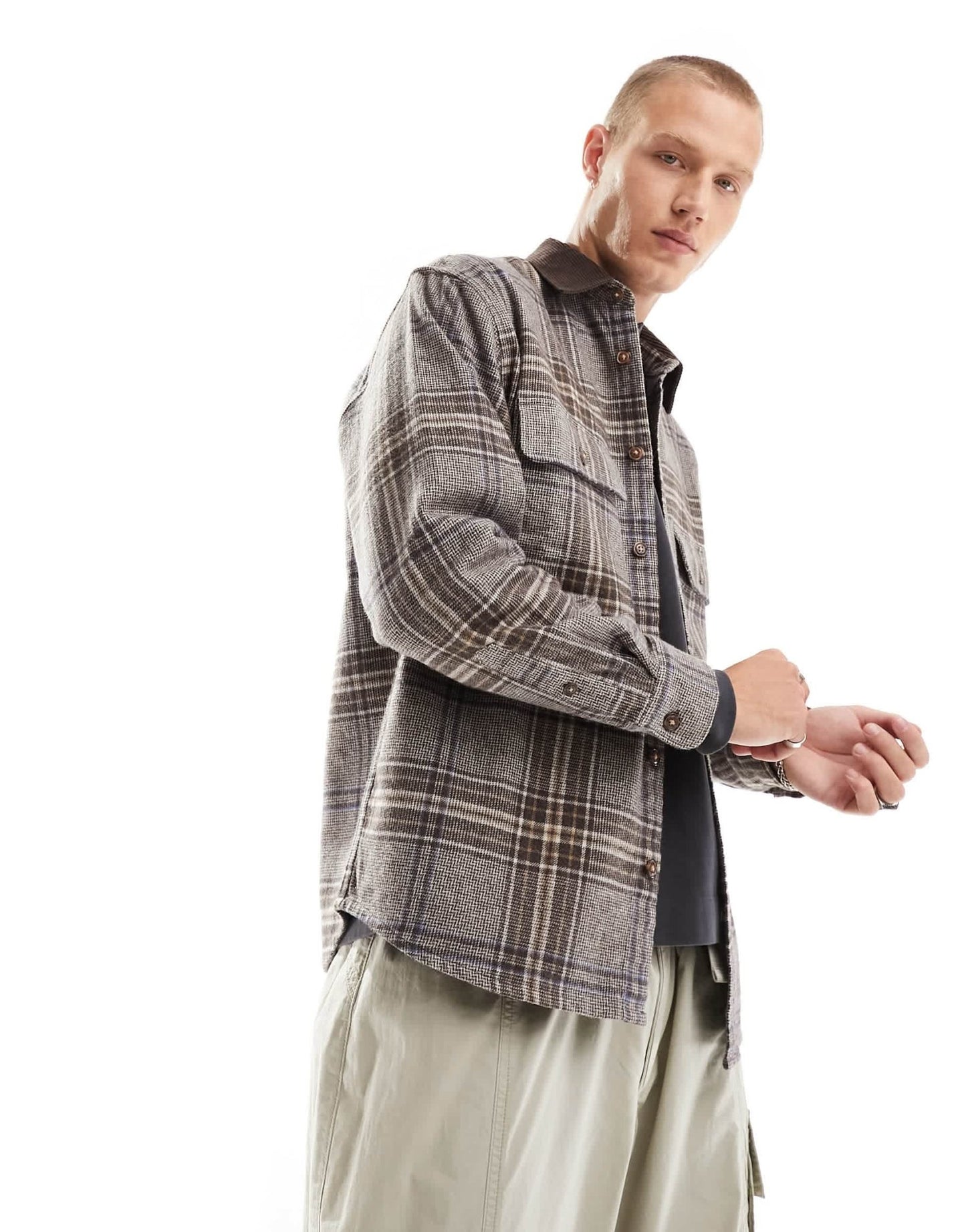 Abercrombie & Fitch oversized fit chunky flannel with cord collar in brown check - ASOS Sample Sale