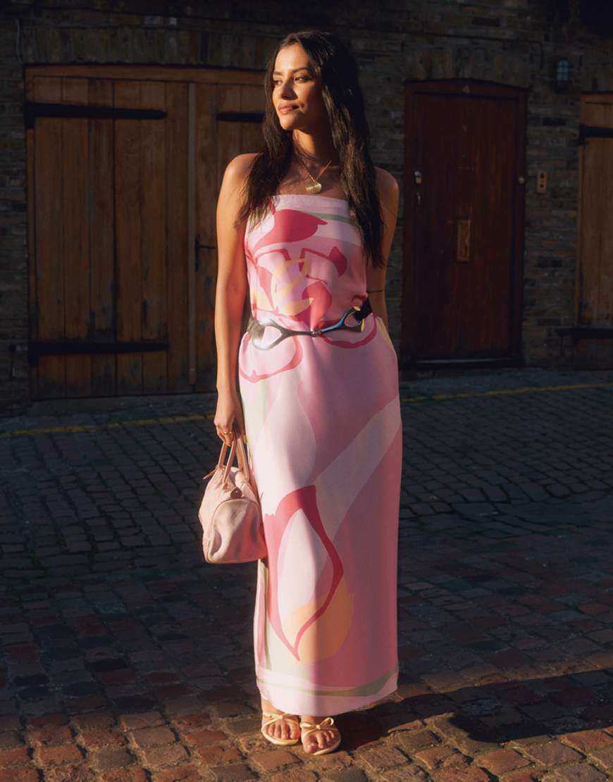 Abercrombie & Fitch satin strapless maxi dress in pink floral - ASOS Sample Sale