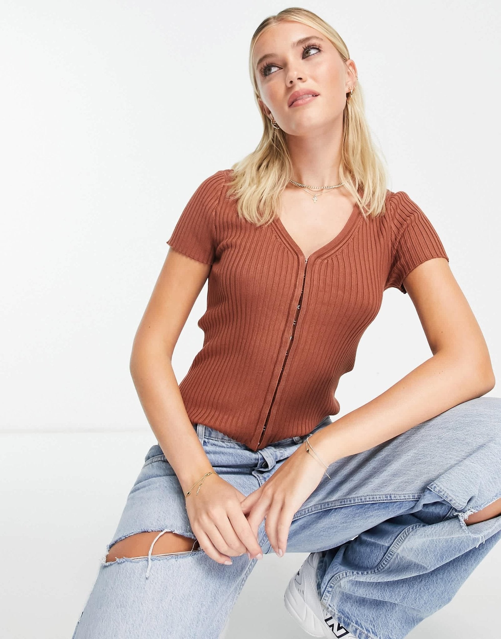 Abercrombie & Fitch short sleeve cardi top in brown - ASOS Sample Sale
