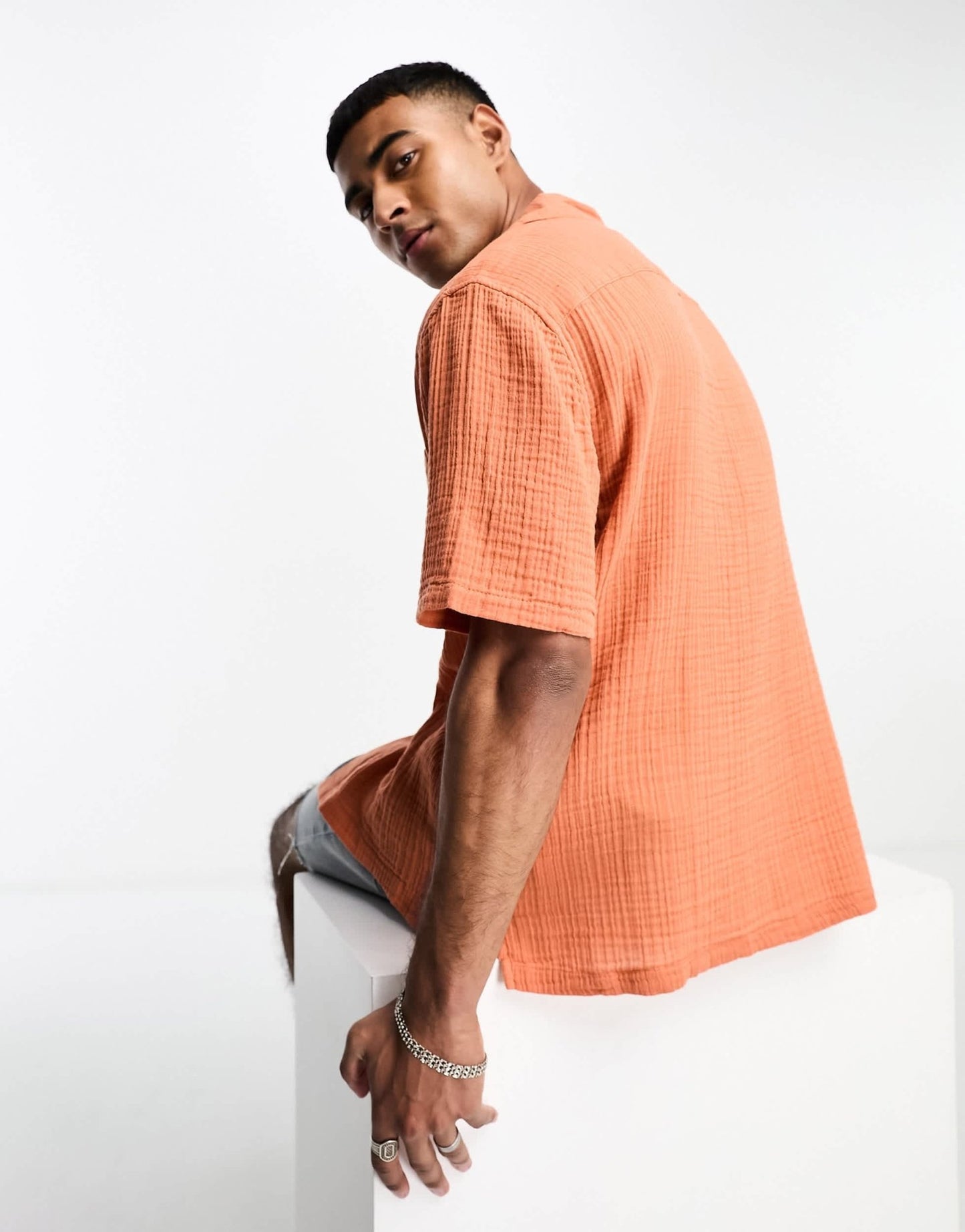 Abercrombie & Fitch short sleeve revere collar gauzy shirt in burnt orange - ASOS Sample Sale