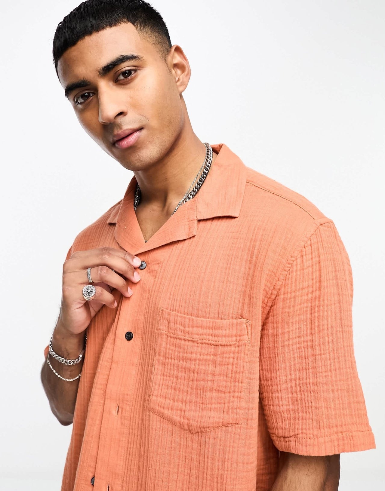 Abercrombie & Fitch short sleeve revere collar gauzy shirt in burnt orange - ASOS Sample Sale