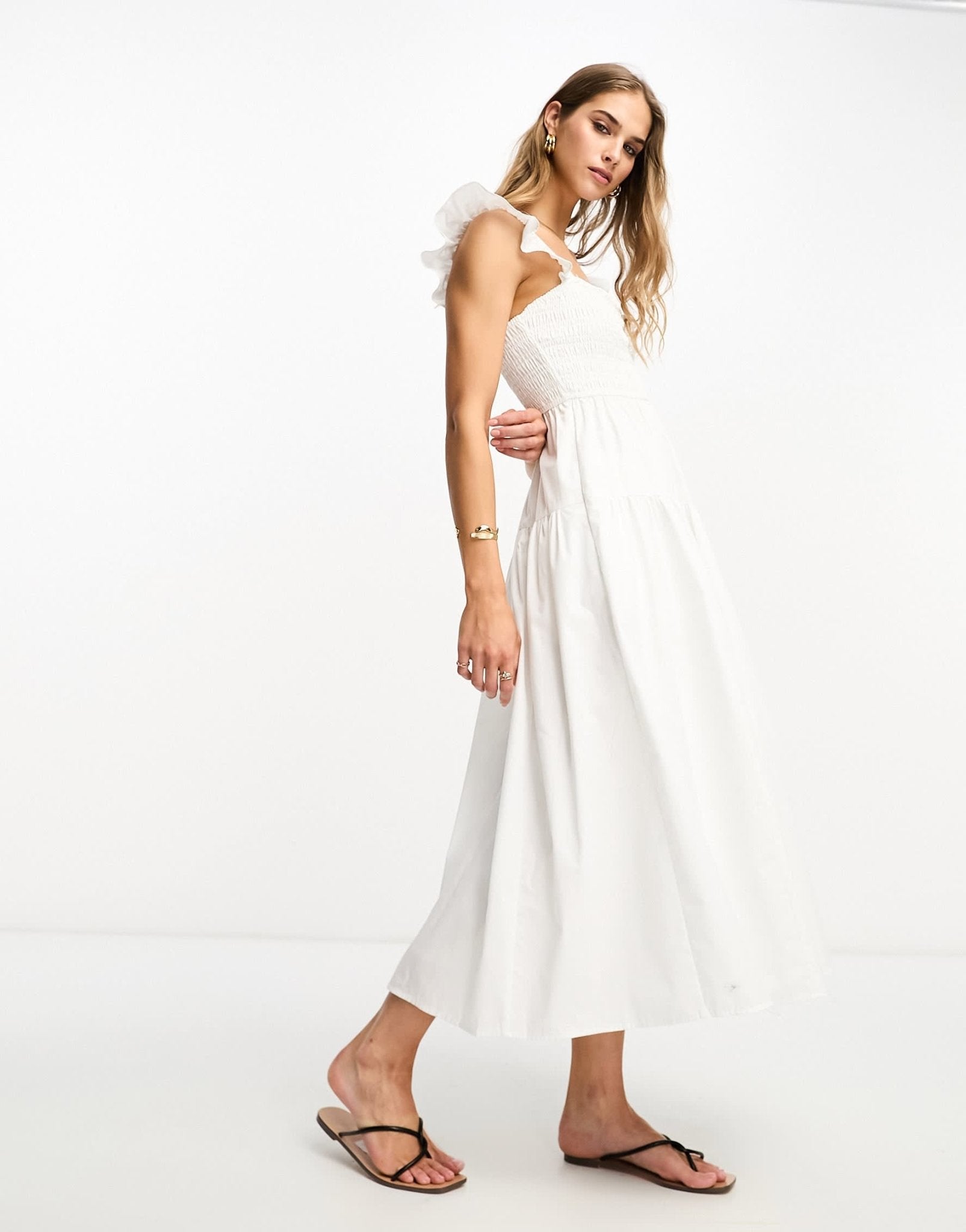 Abercrombie & Fitch smocked ruffle midi dress in white - ASOS Sample Sale