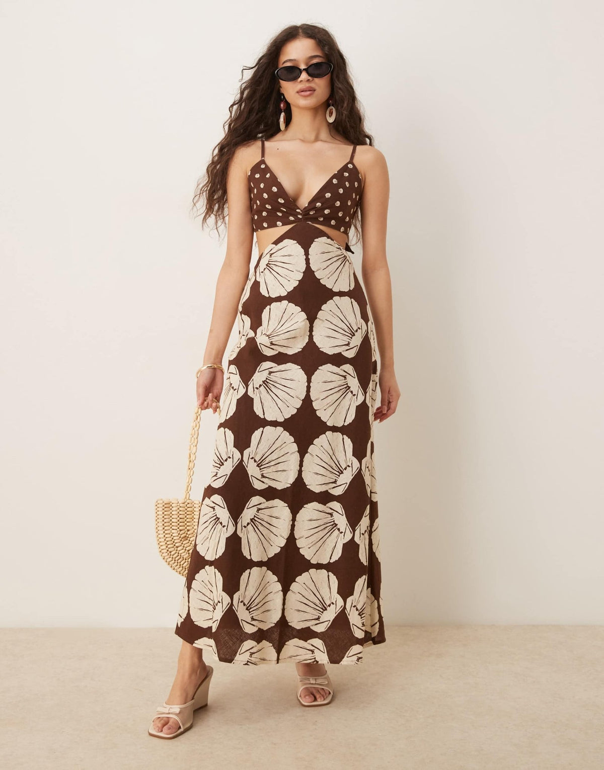 Abercrombie & Fitch spaghetti strap cutout slip maxi linen dress in brown print - ASOS Sample Sale
