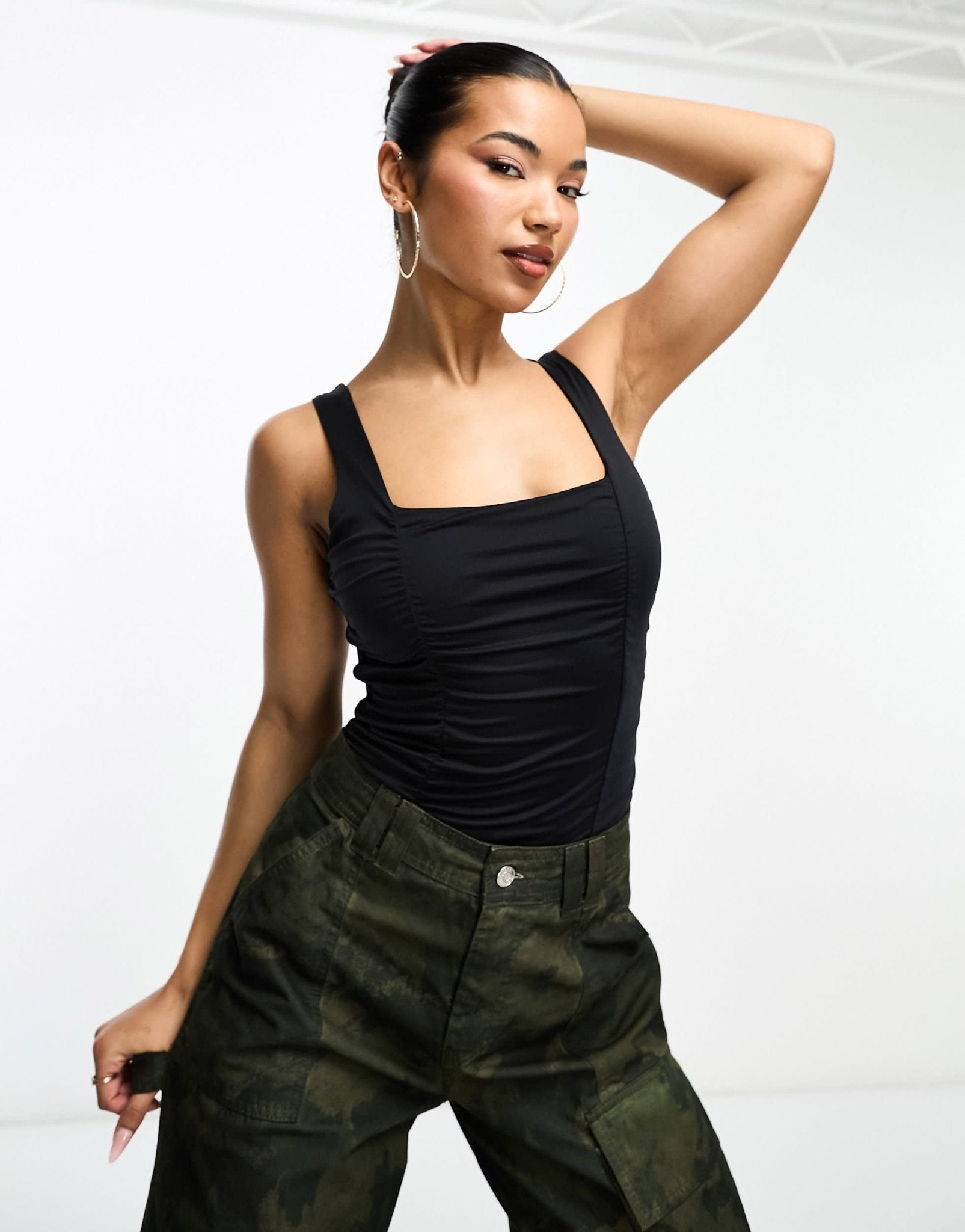 Abercrombie & Fitch square neck ruched bodysuit in black - ASOS Sample Sale