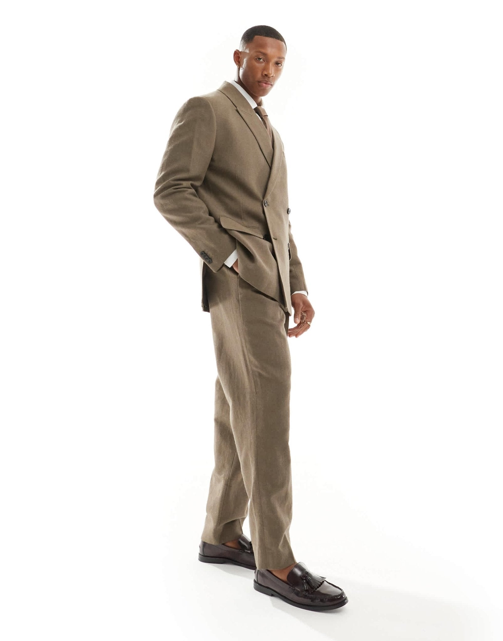 Abercrombie & Fitch tailored pleated loose fit linen blend trousers in tan co-ord - ASOS Sample Sale