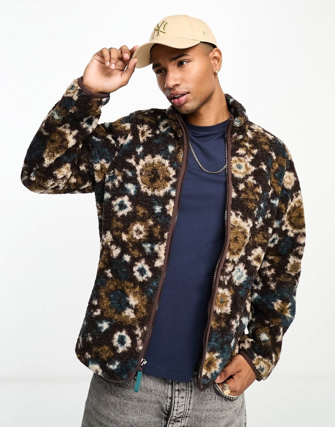 Abercrombie & Fitch tapestry print sherpa full zip jacket in brown - ASOS Sample Sale